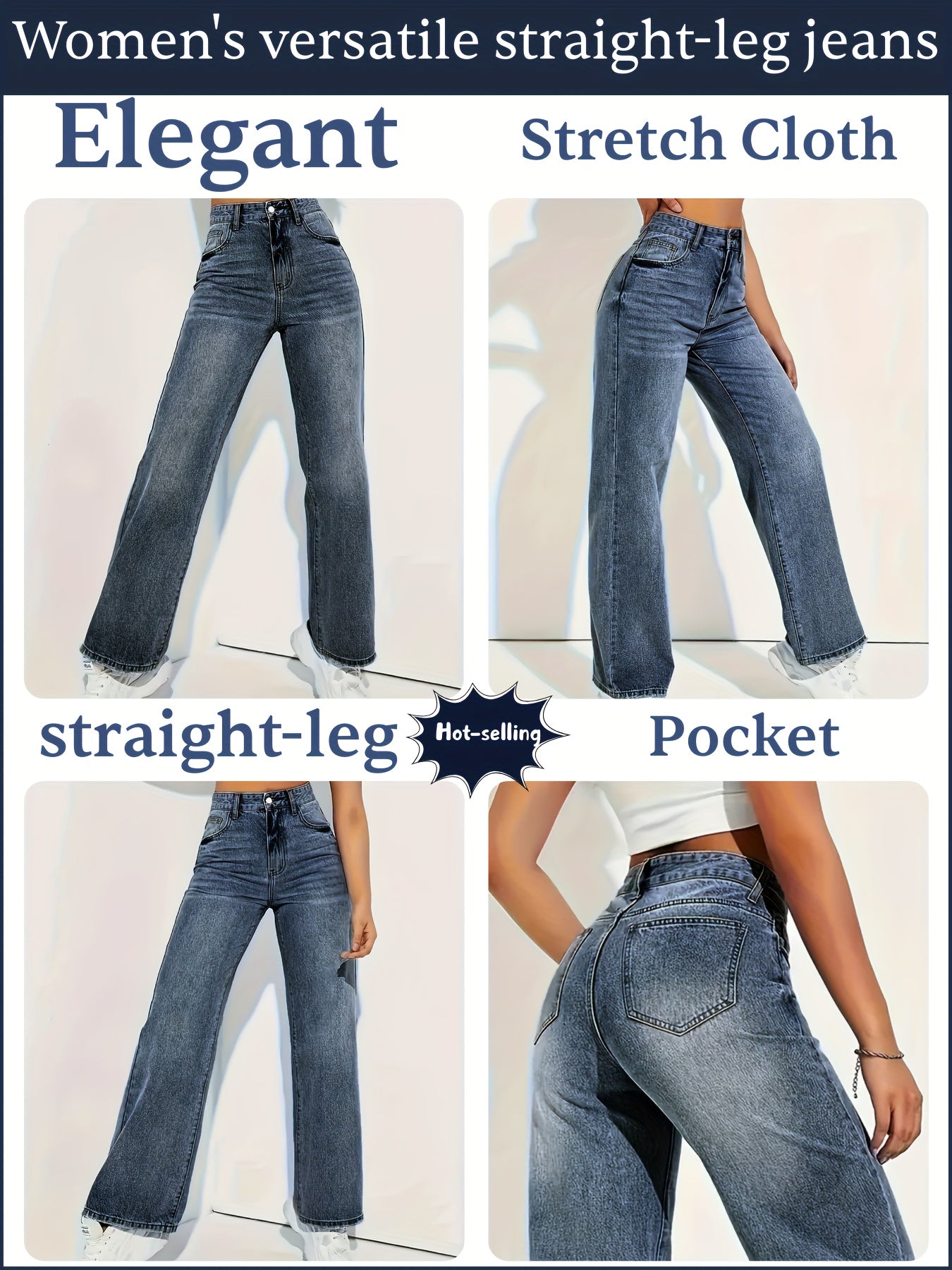 Pantalon Femme Jambe Droite Denim Extensible Bleu Poches Taille Sans Ceinture Slim Toute Saison Élégant Bureau et Décontracté