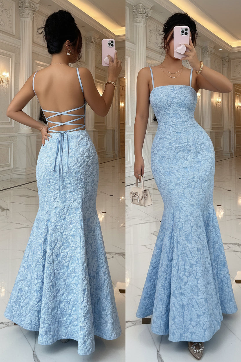 Robe sirène élégante à bretelles dos nu et bretelles fines, avec nœud dans le dos