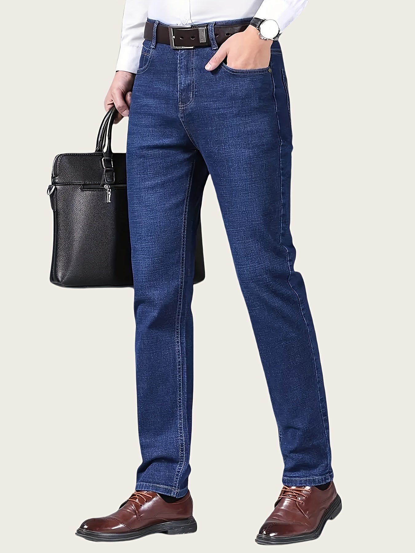 Jean en denim stretch pour homme – motif géométrique bleu foncé, confort toutes saisons