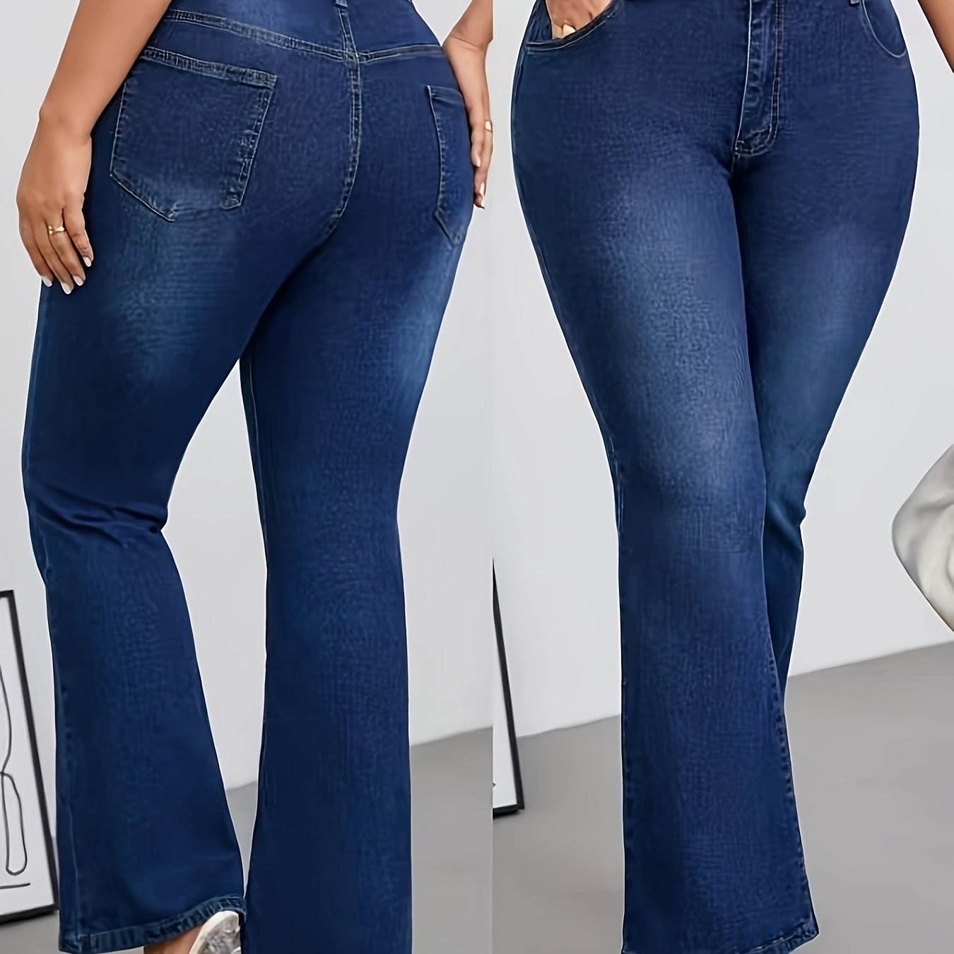 Jeans Femme Grande Taille Taille Haute Évasé Extensible Bleu Poches Obliques Boutons Toute Saison Élégant Décontracté et Formel