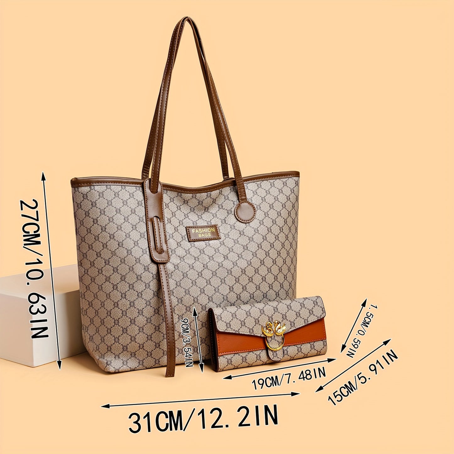 Sac fourre-tout femme avec portefeuille, grande capacité, motif géométrique, fermeture éclair, polyester, marron