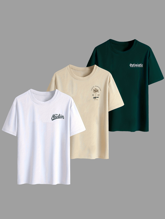 3pcs Men's Summer Palm Tree & Coconut Lettering Print T-Shirts - Tropical Themed Casual Round Neck Tees Suitable for Beachwear, Poolside & Everyday Summer Outfits - 3pcs Bulk Pack for s