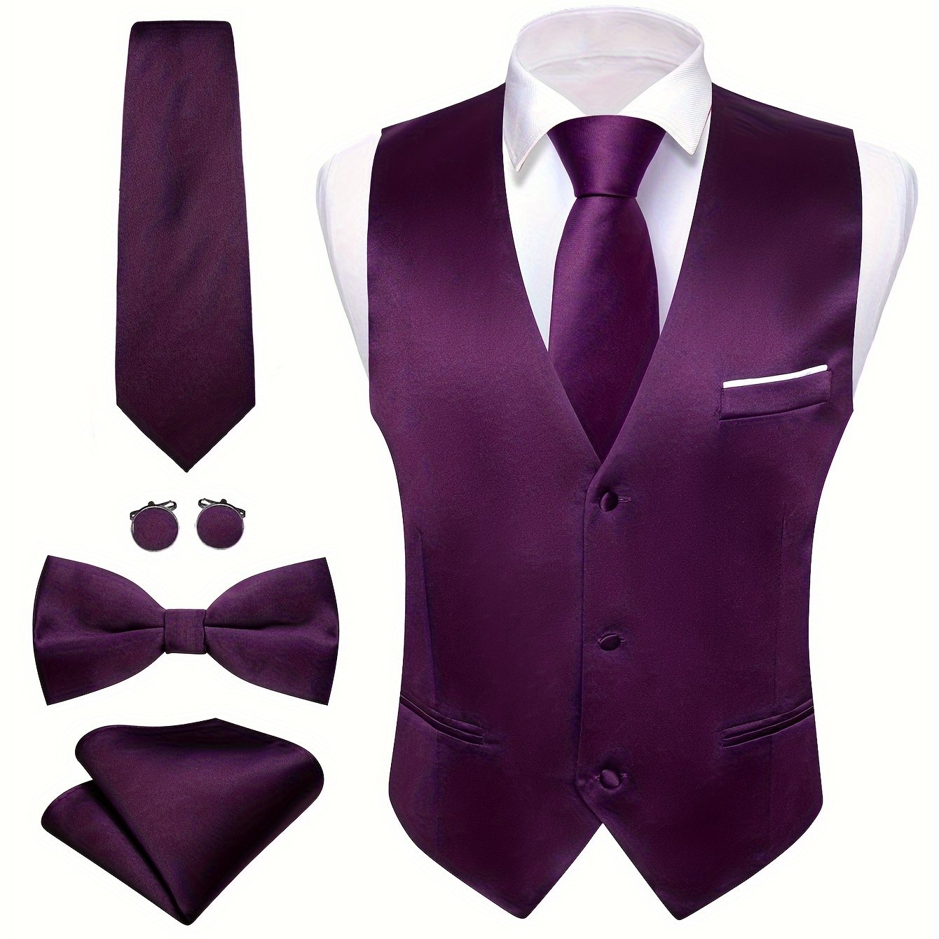 Gilet Homme avec Cravate, Nœud Papillon, Pochette & Boutons de Manchette – Mariage & Fêtes