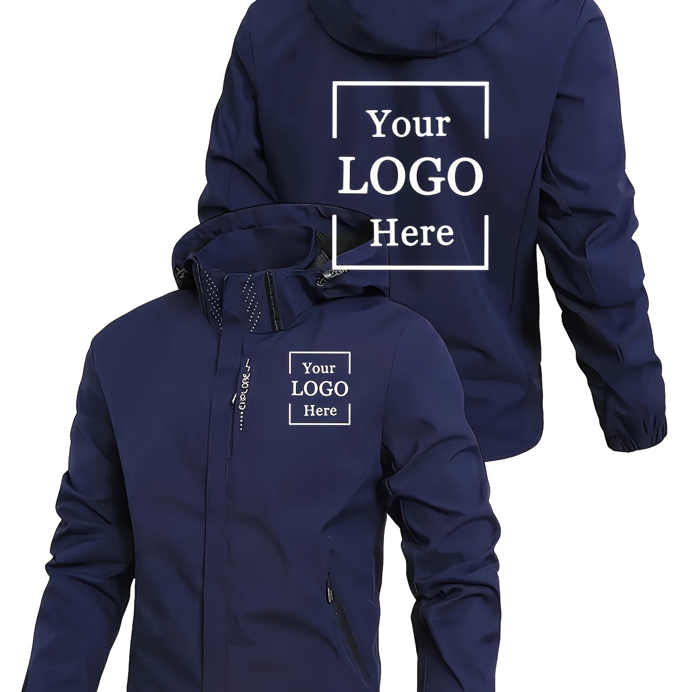 Veste à capuche homme personnalisable – coupe ample, bleu marine, imperméable, logo imprimé, promo et entreprise