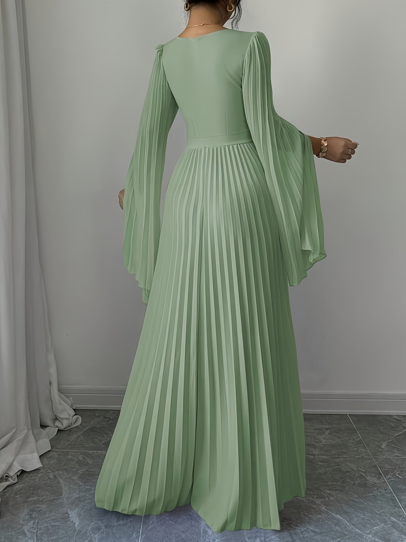 Women's Elegant V-Neck Pleated Open Sleeve Maxi Dress - Fitted Solid Color Machine Washable Spring/Summer Casual & Formal Outfit, Spring Fashion, Quality Craftsmanship