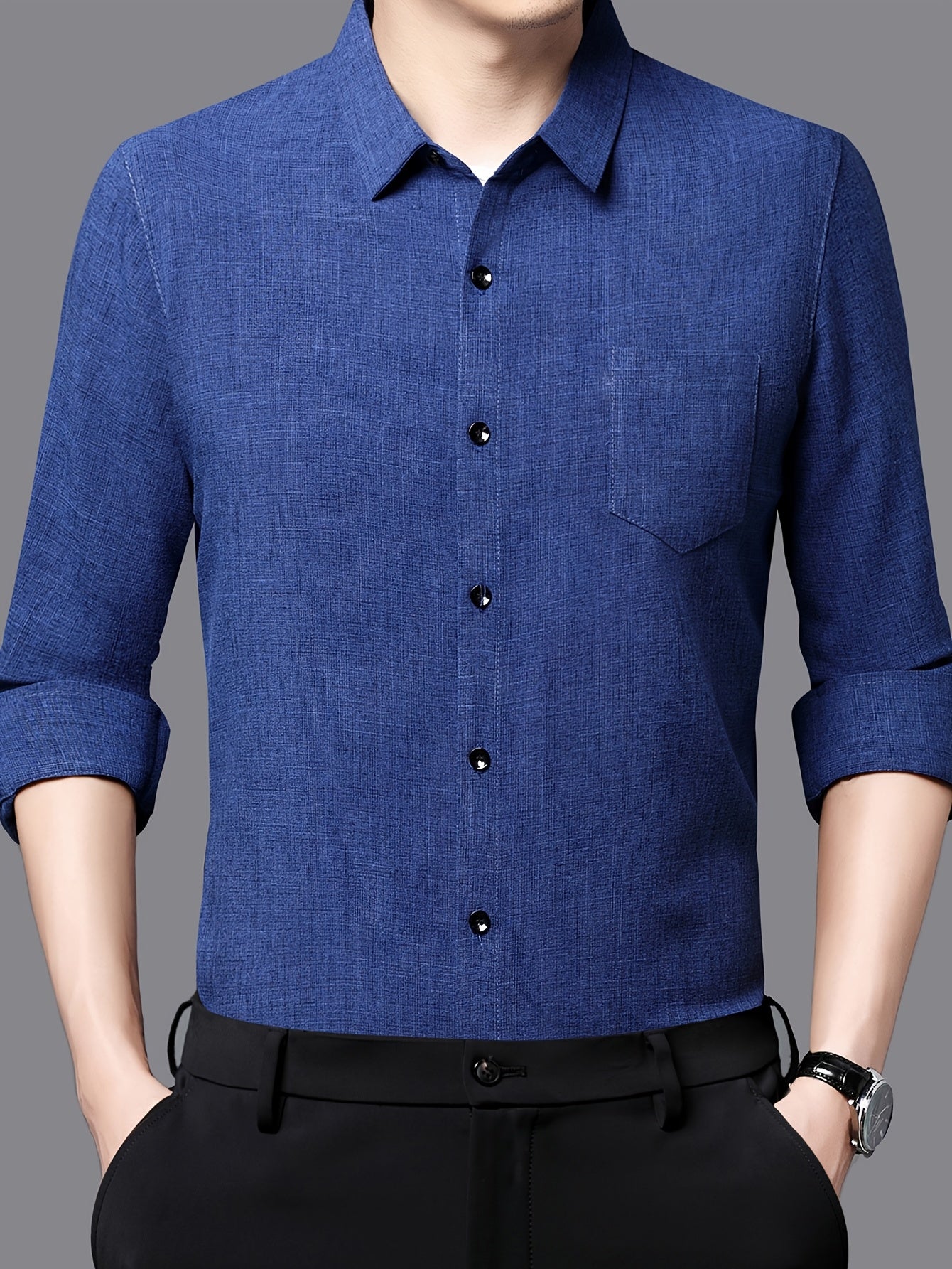 Men's Breathable Long Sleeve Shirt - Black, Button-Up Collar Design with Chest Pocket, Lightweight & Moisture-Wicking Fabric for Casual Wear, Perfect for Spring & Summer, Breathable Apparel | Classic Buttonup Shirt | Nonstret