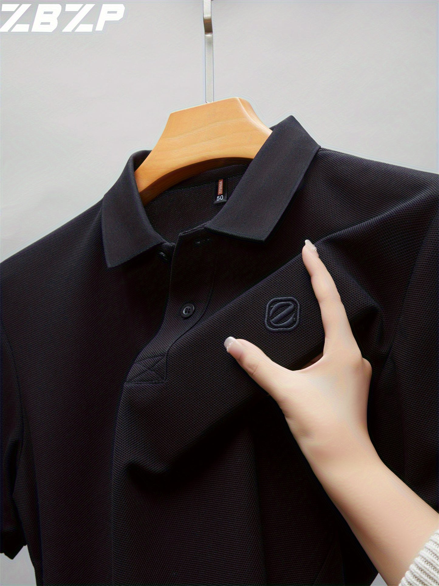 Men's Slim-Fit Short Sleeve Shirt - Breathable Black with White Collar & Logo, Classic Lapel Neck, Wrinkle-Resistant Fabric for Spring/Autumn, Versatile Casual & Semi-Formal Wear - Easy Care (Hand Wash/Dry Clean) - ZBZP25 Col