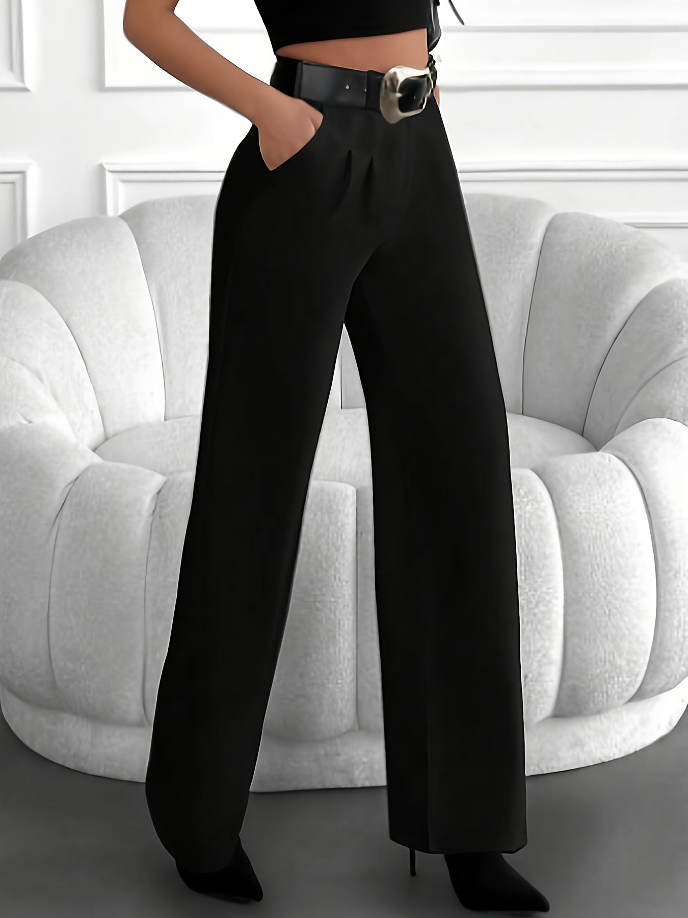 Pantalon Femme Élégant Jambe Large – Noir, Taille Haute avec Ceinture et Poches Latérales