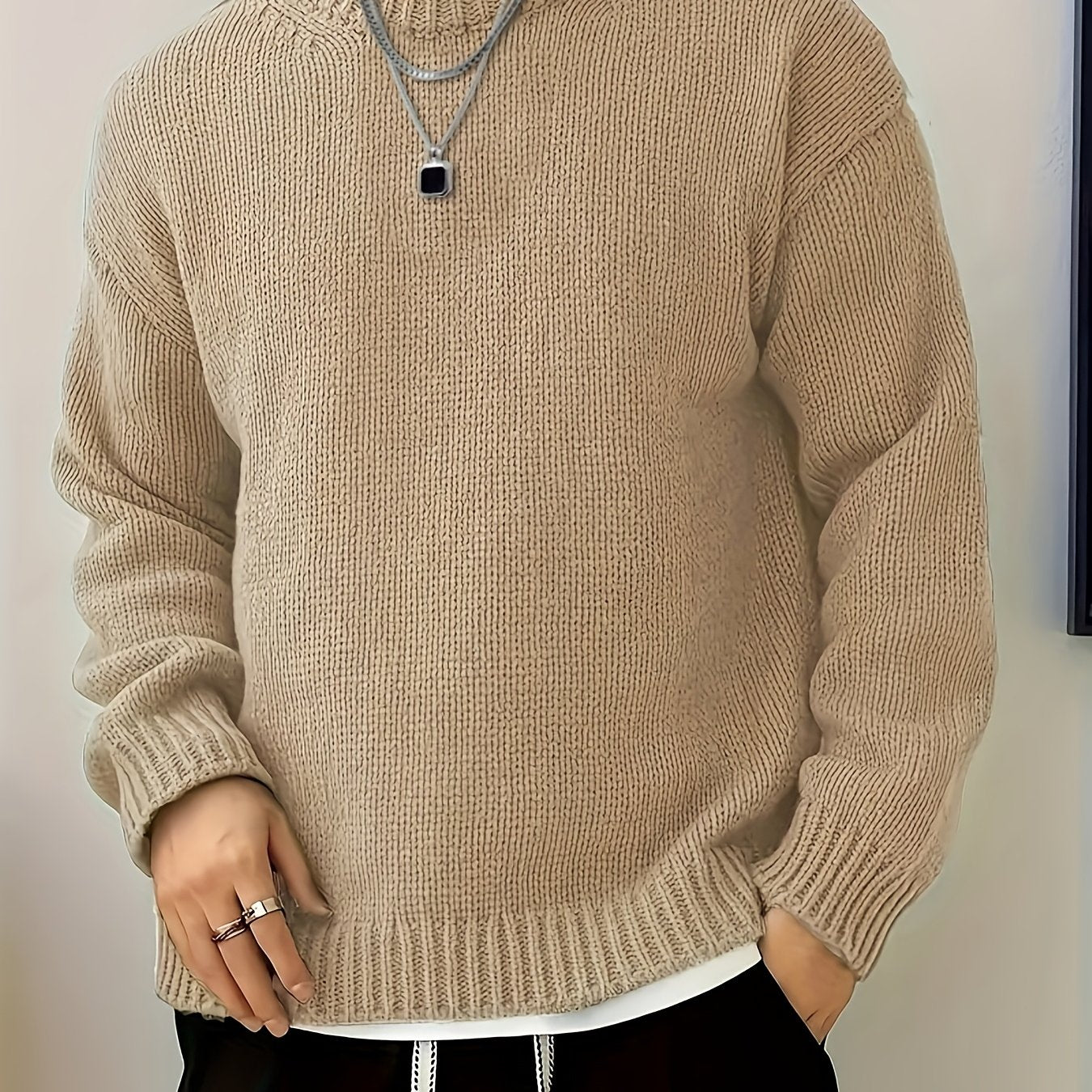 Men'S Olive Green Sweater - Soft Round Neck Long Sleeve Winter Warmth, Solid Color Casual Pullover for Fall/Winter, Regular Fit Casual Attire