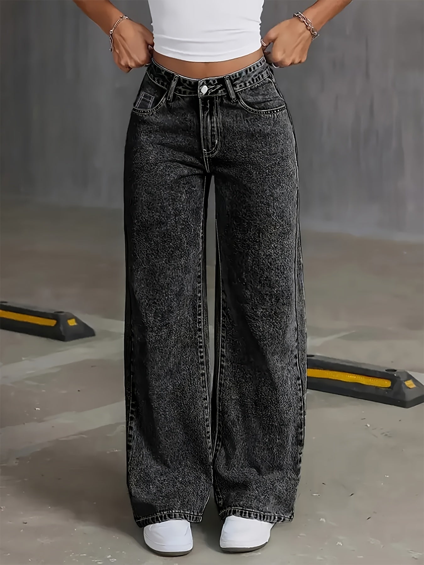 Jeans Femme Grande Taille Taille Haute Jambe Droite Extensible Effet Snow-Wash Confort Toute Saison Style Bohème Durable