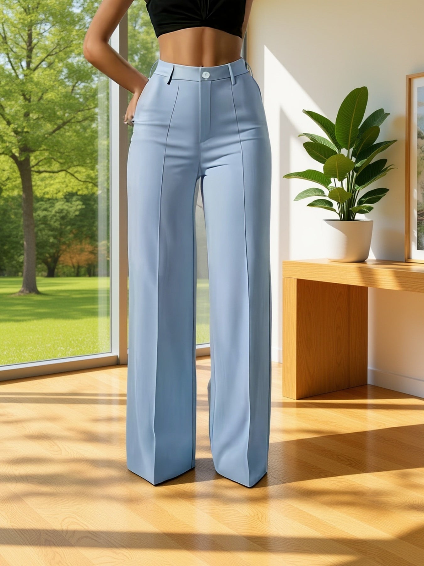 Pantalon Femme Bleu – Jambe Large, Boutons, Sans Ceinture, Résistant aux Plis, Bureau et Semi-Formel