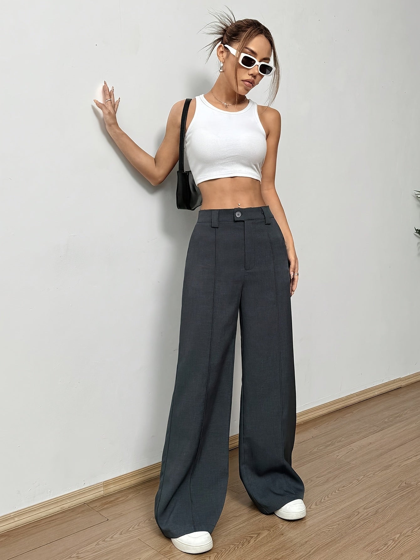 Pantalon Femme Taille Haute – Jambe Large Noir, Fermeture Boutons Sans Ceinture, Bureau et Décontracté, Tous Saisons