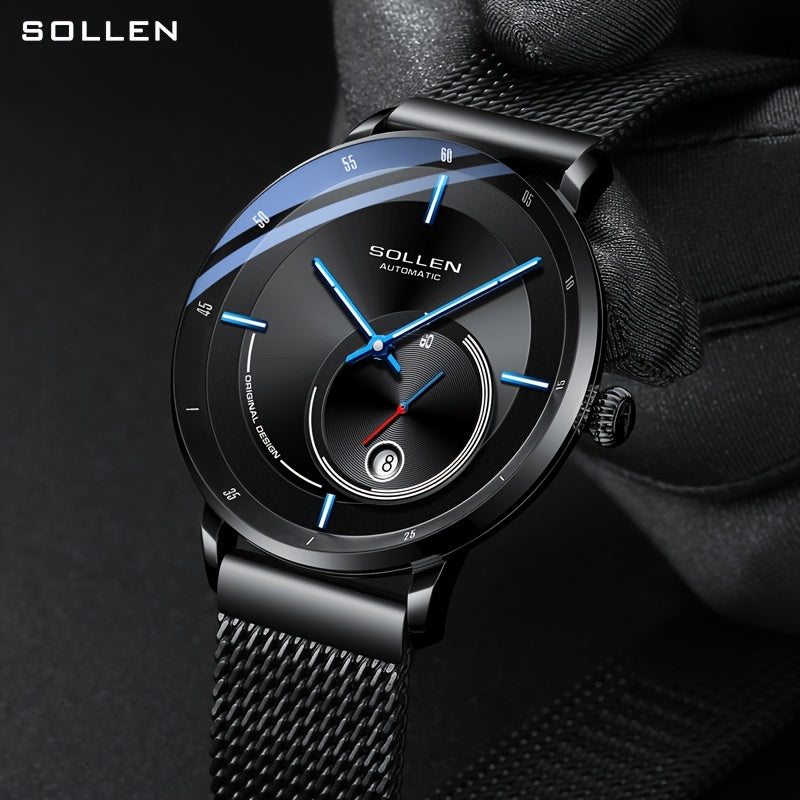 SOLLEN Men'S Automatic Mechanical Watch with Luminous Hands, Date Display & Calendar - Stainless Steel Strap, Skeleton Design, Mechanical Movement - Ideal for Birthdays, Valentine'S Day, Father'S Day, Wedding Anniversary Gift