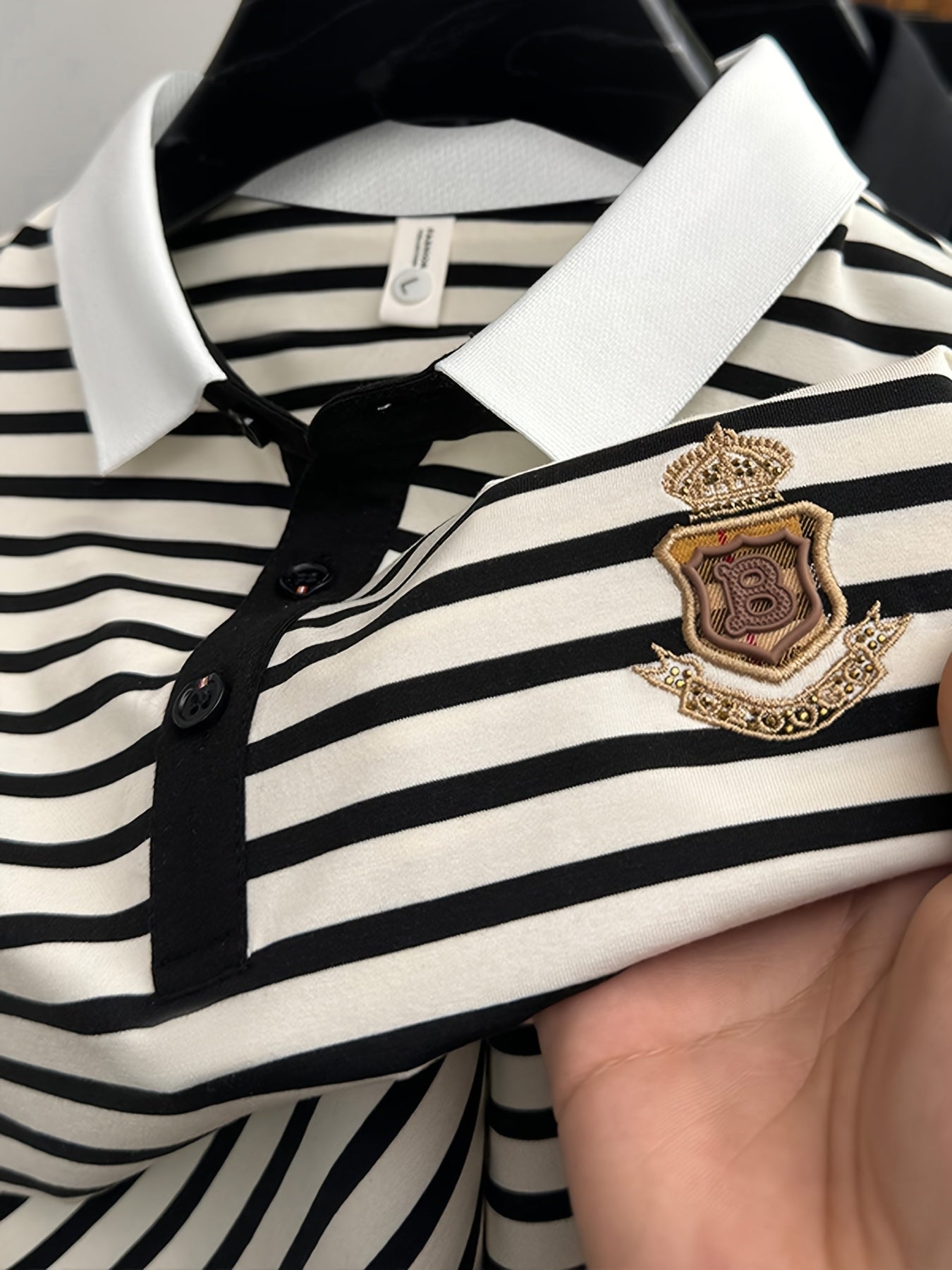 Men's Slim Fit Golf Shirt - Black & White Striped Breathable Short Sleeve with Logo, Button-Up Collar for Outdoor Sports & Casual Wear, Machine Washable