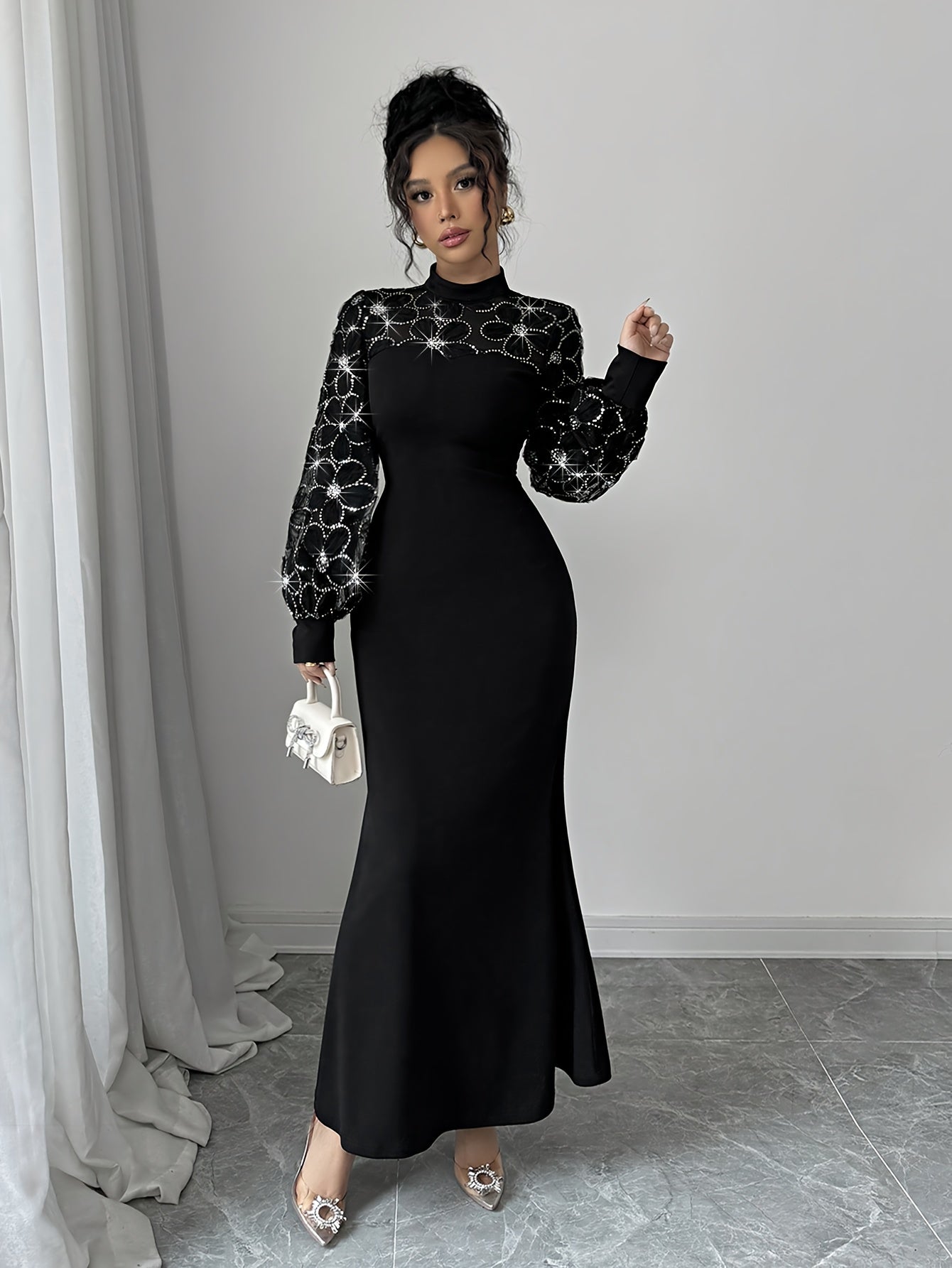 Robe Sirène Élégante Noire – Sequins, Superposition en Mesh Floral, Manches Longues, Taille Ajustée, Longueur Sol, Idéale Soirées et Événements Formels, Automne/Hiver