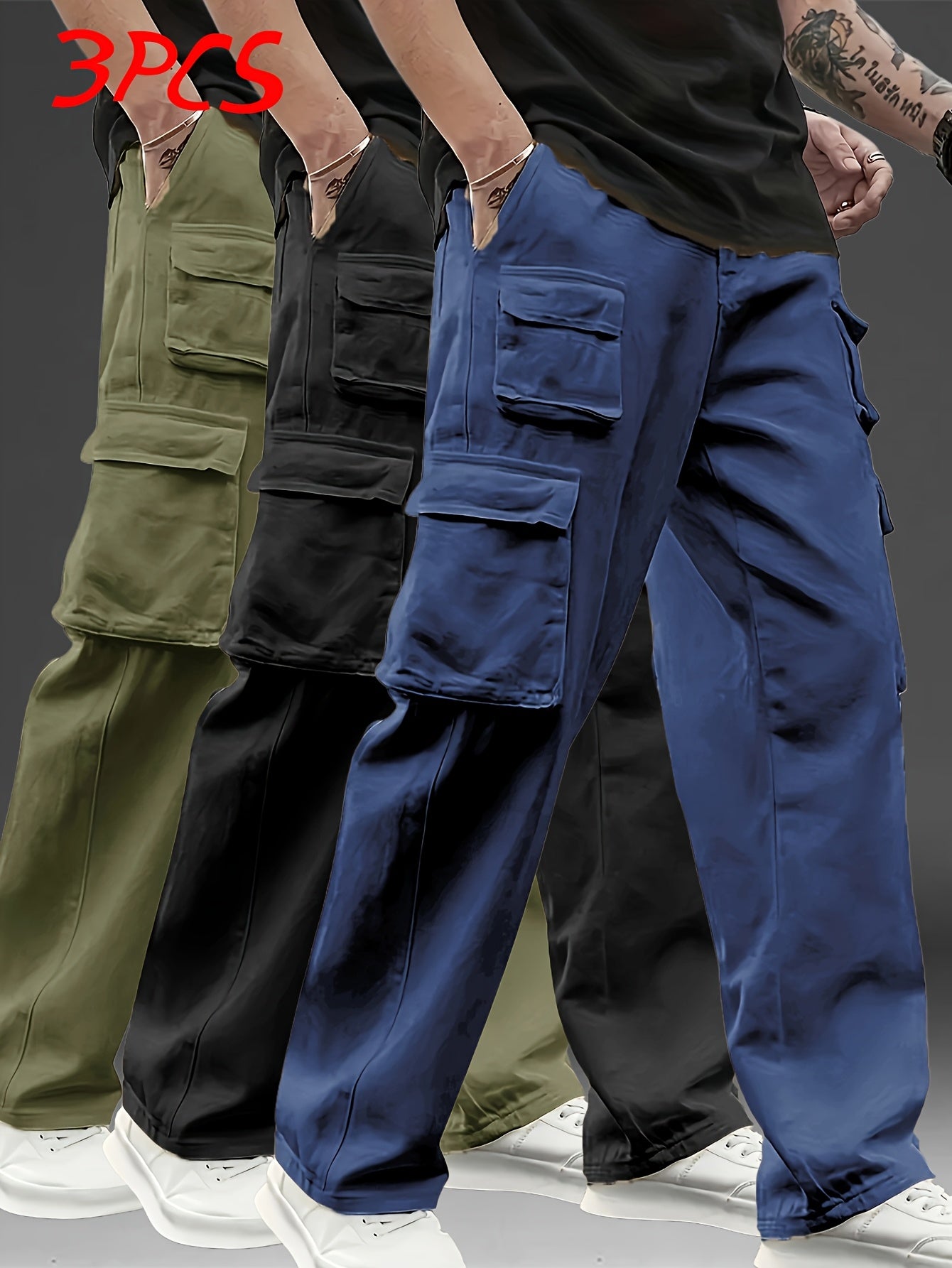 3pcs Pantalons Cargo Homme – Multipoches, Loose Fit, Durable, Casual & Outdoor