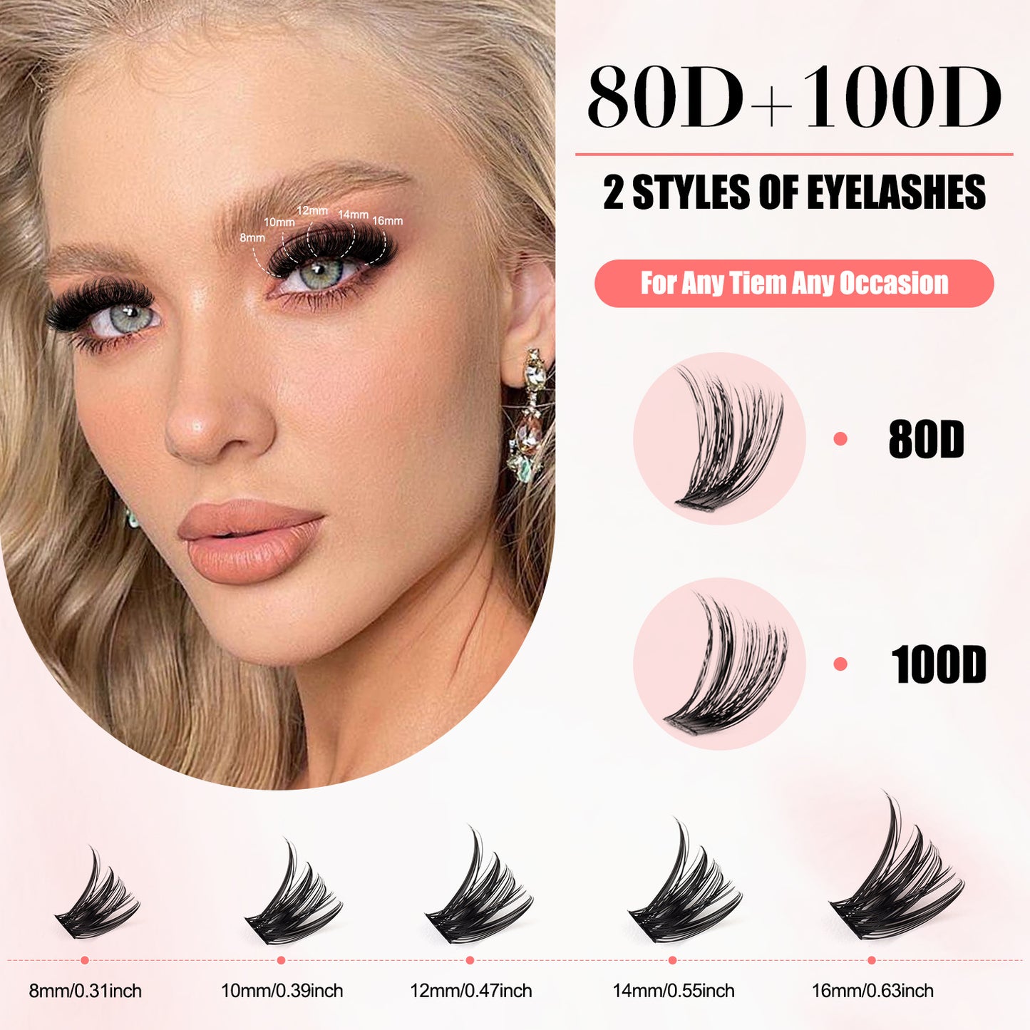 Kit d’extensions de cils DIY – cils naturels style fairy 30D/40D/50D/60D, longueurs mixtes 10-16 mm, courbure D, effet agrandissant les yeux, cils cartoon naturels, colle scellée et pince incluse