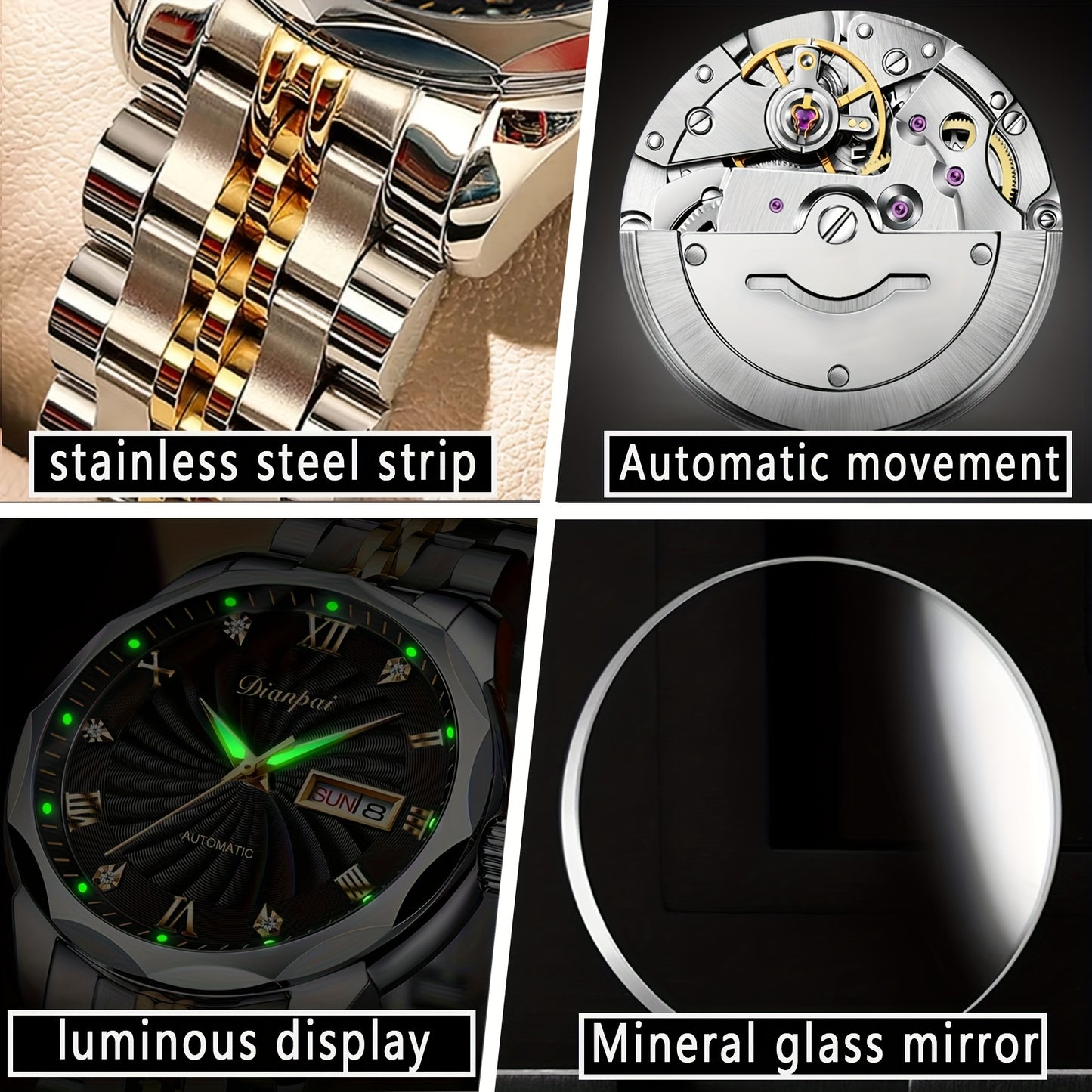 Men'S Business Automatic Mechanical Watch with Stainless Steel Strap, Week Calendar Display & Night Light - Self-Winding Mechanical Movement, Without Battery