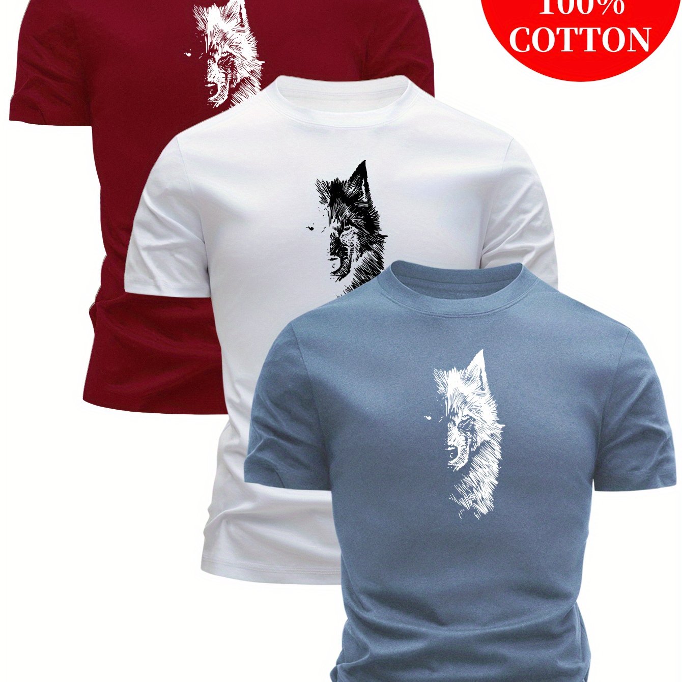 3pcs 100% Cotton T-Shirts with Wolf Graphic, Casual Crew Neck in Multiple Colors for Men