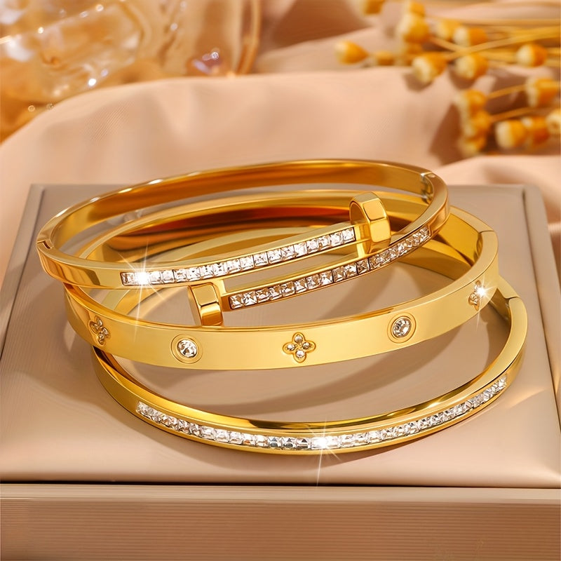 Lot de 3 bracelets en acier inoxydable de luxe léger, sertis de zircon synthétique, design exquis et classique, polyvalents, adaptés à toutes les occasions