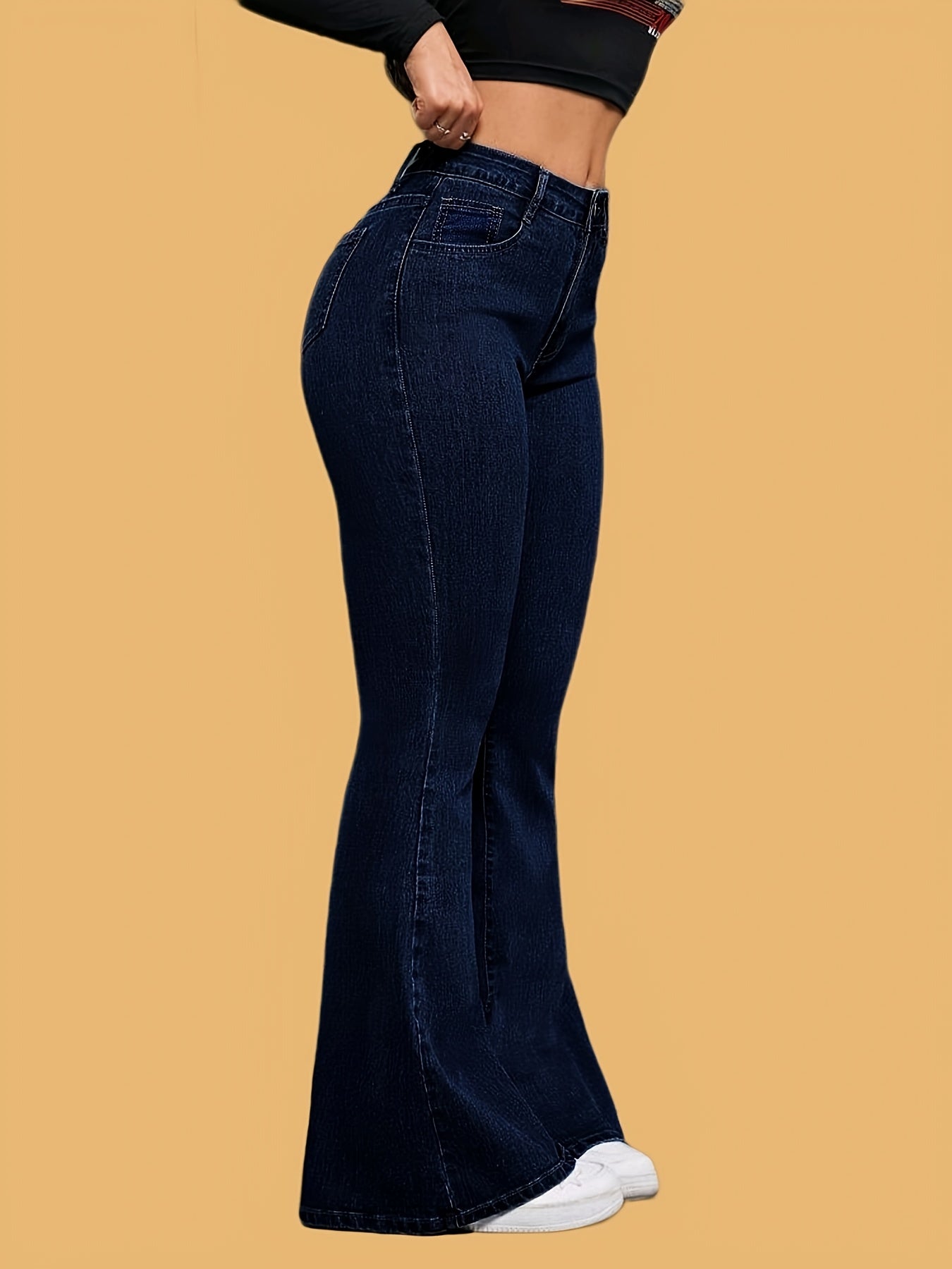 Jeans Femme Taille Haute Évasé Extensible Longueur Totale Boutons Élégant Toute Saison Confortable Polyvalent