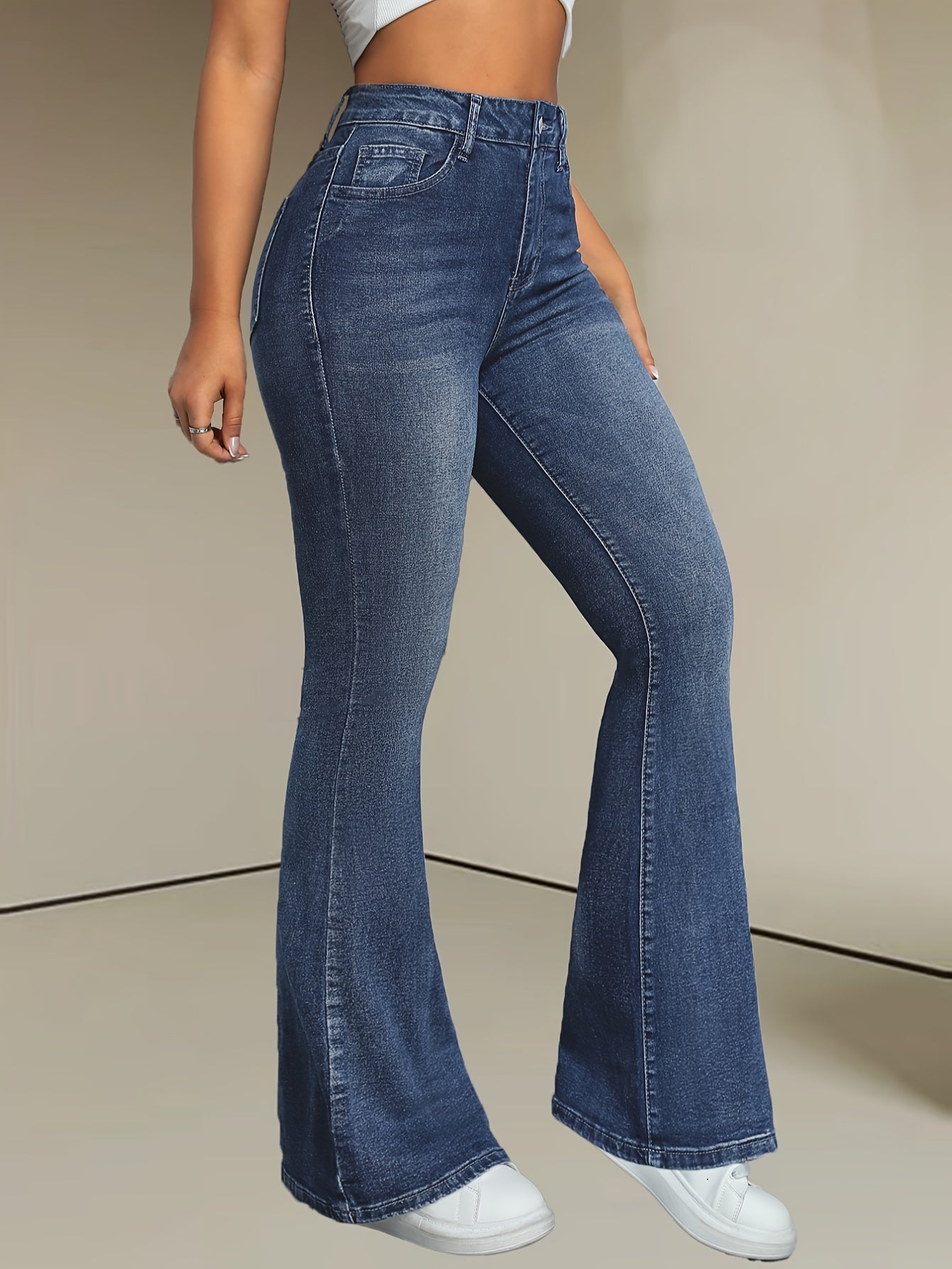 Jean Femme Évasé Bleu Décontracté Fermeture Zip Boutons