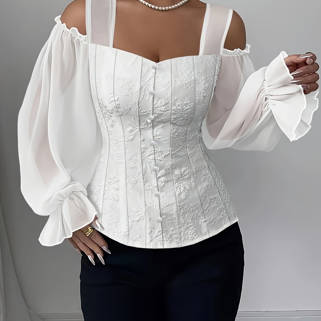 Blouse grande taille élégante pour femmes – Col carré épaules dénudées, manches longues, imprimé floral, ourlet asymétrique, coupe slim, blanche, toutes saisons, lavable en machine, casual et habillé
