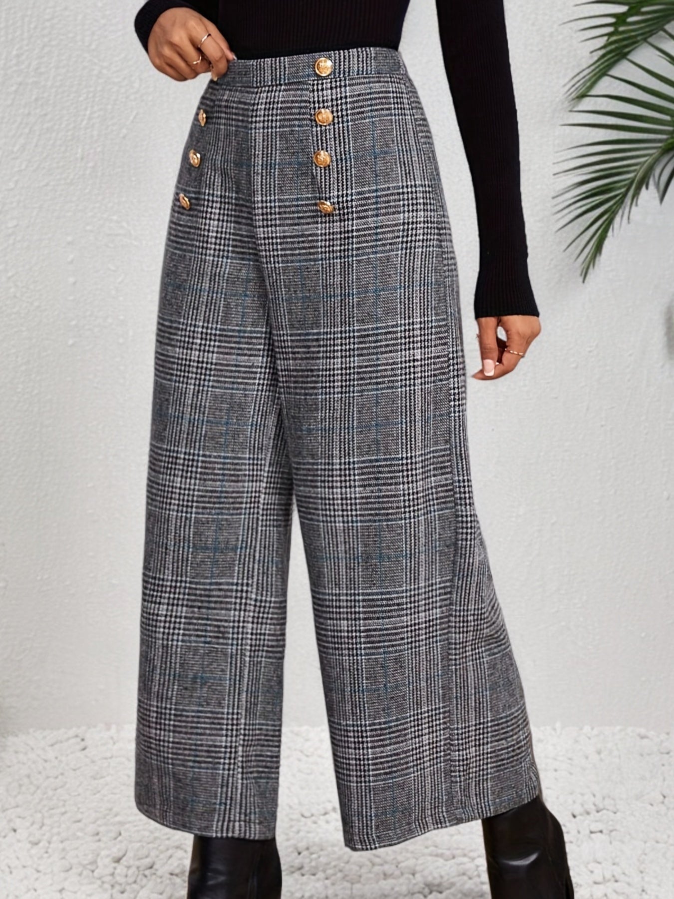 Pantalon Femme Jambe Large – Motif Carreaux, Taille Haute Boutonnée, Confortable, Printemps/Été