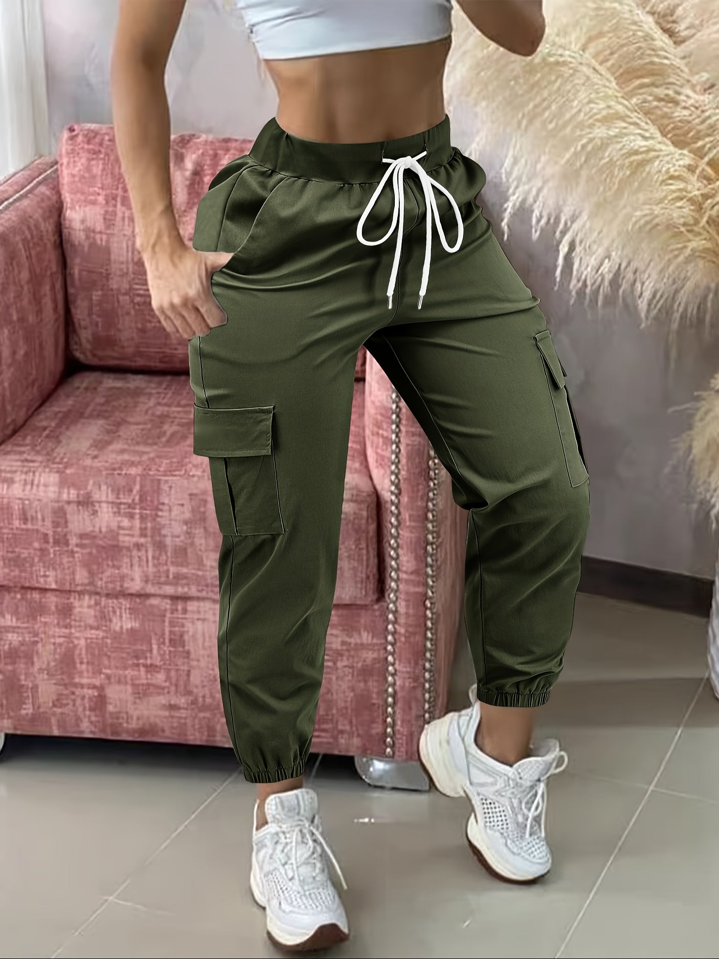 Pantalon Cargo Femme Décontracté – Beige, Taille à Cordon, Multiples Poches, Ourlet Effiloché, Tous Saisons