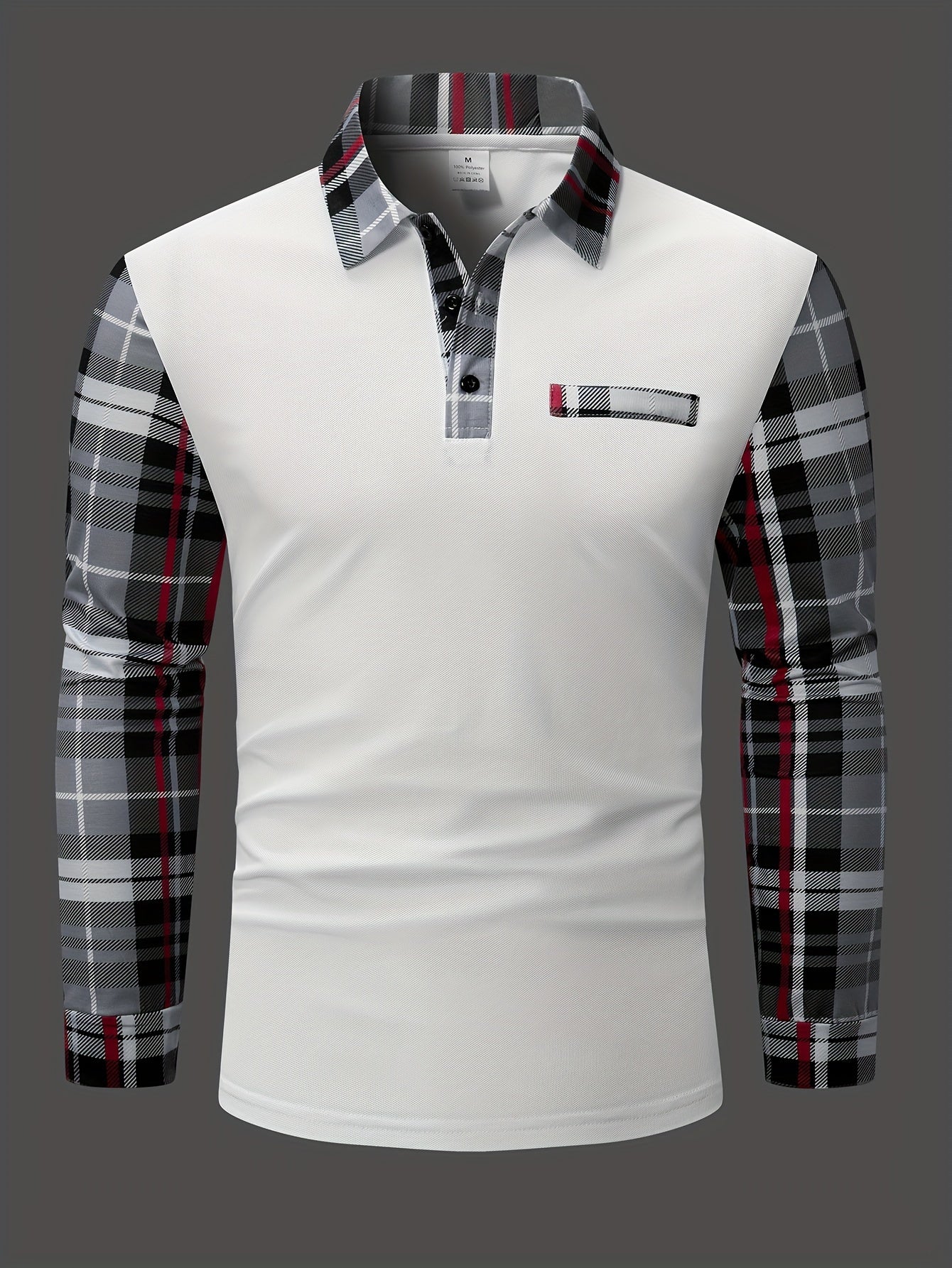 Men's Casual Plaid Long Sleeve Shirt with Chest Patch - Polyester, Button-Up Collar for Spring/Fall