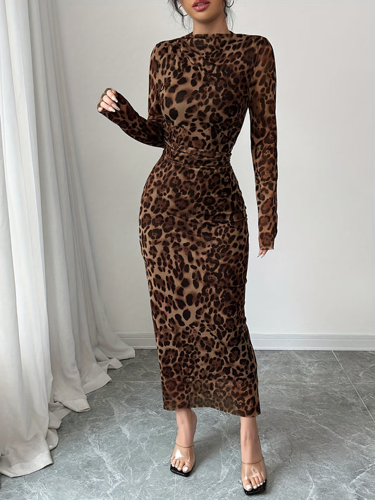Robe Femme Élégante à Imprimé Léopard — Manches Longues, Bodycon Sexy avec Taille Cintrée, Détails Froncés en Mesh et Plis sur la Poitrine, Col Rond, Longueur Midi, Silhouette A-Line, Parfaite pour Soirées et Dîners
