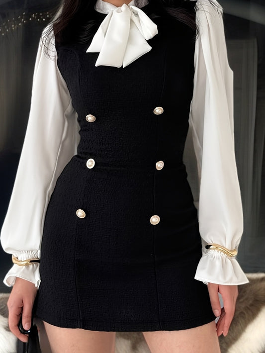 Women's Slim-Fit Short Dress with Bow & Ribbon Collar, Puffed Button Sleeves - Short A-Line Smock Dress, High Elasticity Machine-Washable Fall/Winter Outfits for, Wedding Guest & Semi-Formal Events - Solid Color Coordinated O