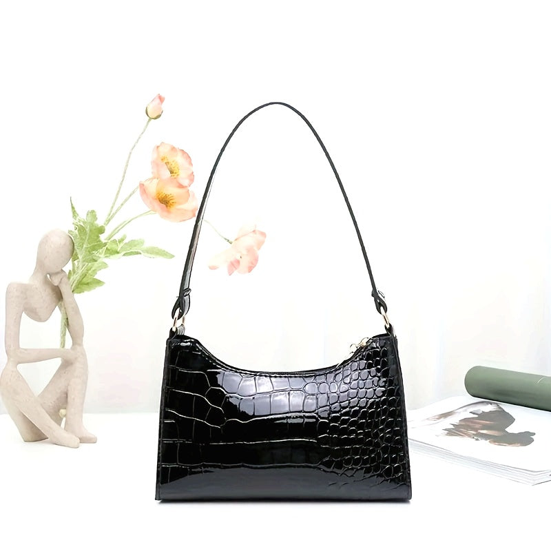 Sac épaule élégant pour femmes – simili cuir motif crocodile, finition brillante, fermeture zippée, bandoulière fixe, sac à main noir tendance