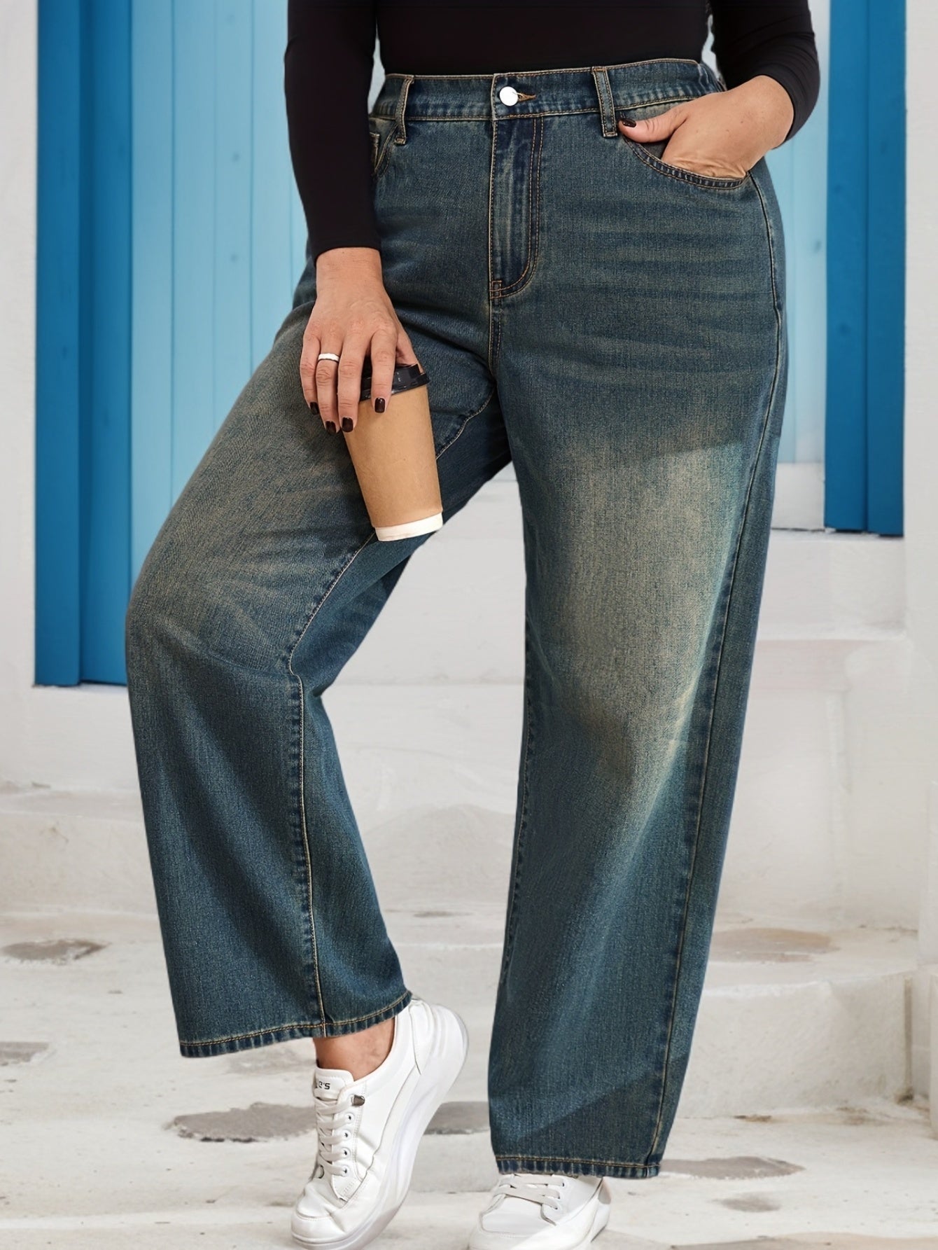 Jeans Femme  Vintage Effet Usé Jambe Droite Non Extensible Boutons Décontracté Automne/Hiver Streetwear Durable