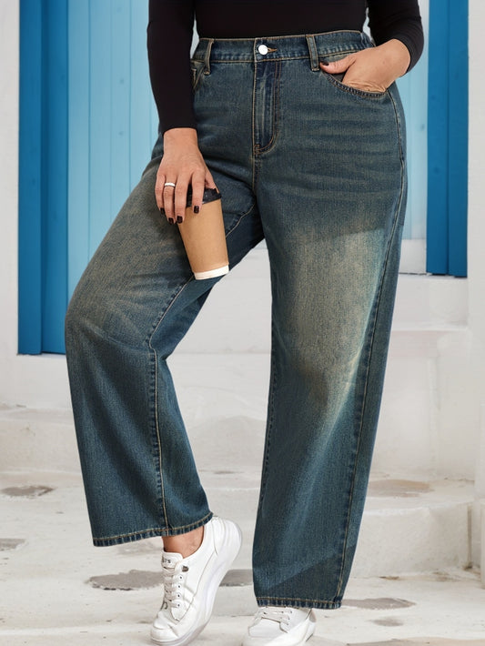 Jeans Femme  Vintage Effet Usé Jambe Droite Non Extensible Boutons Décontracté Automne/Hiver Streetwear Durable