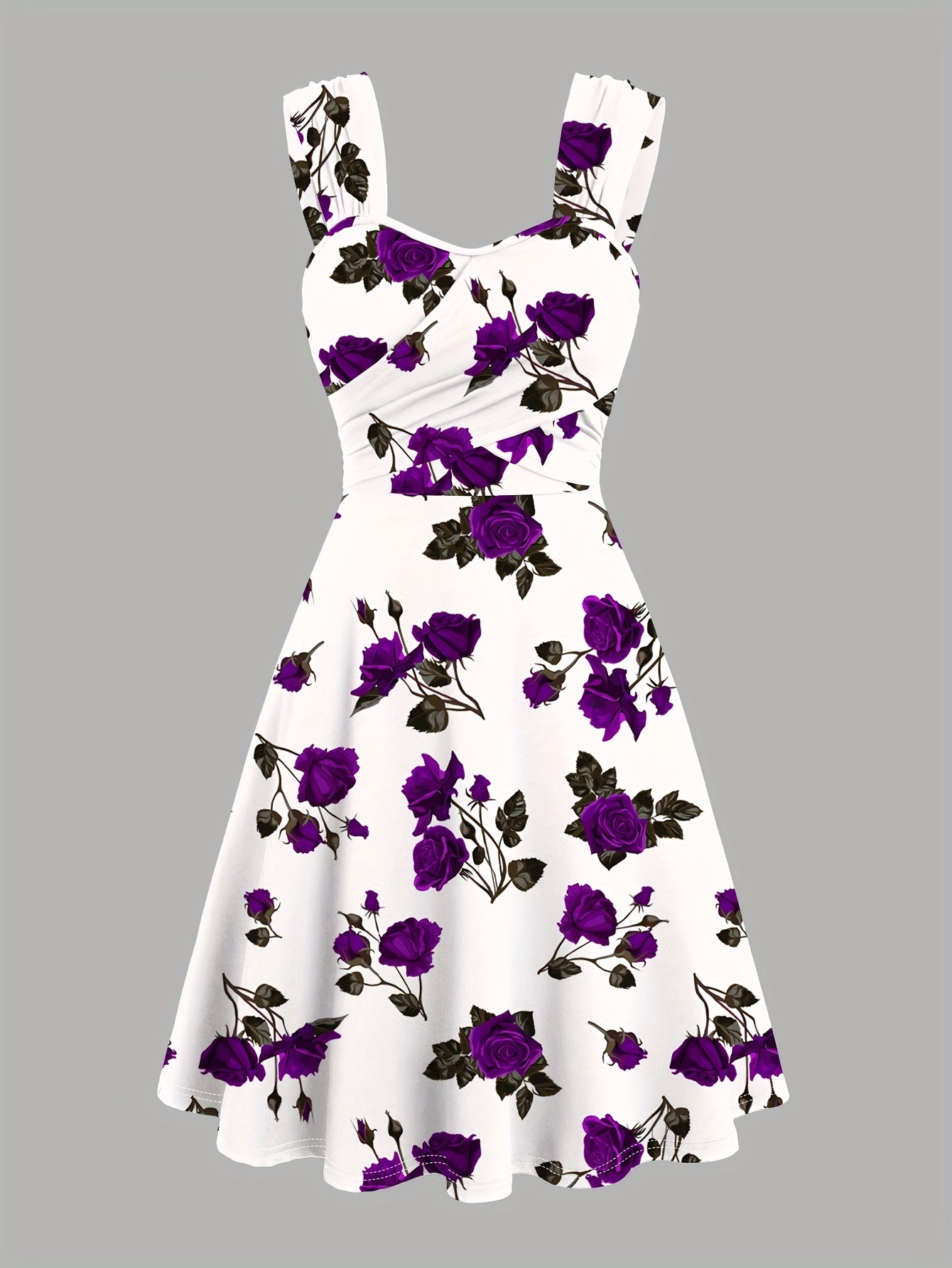 Robe élégante décontractée pour femme, imprimée de roses, plissée sur le devant, à larges bretelles croisées et épaules dénudées