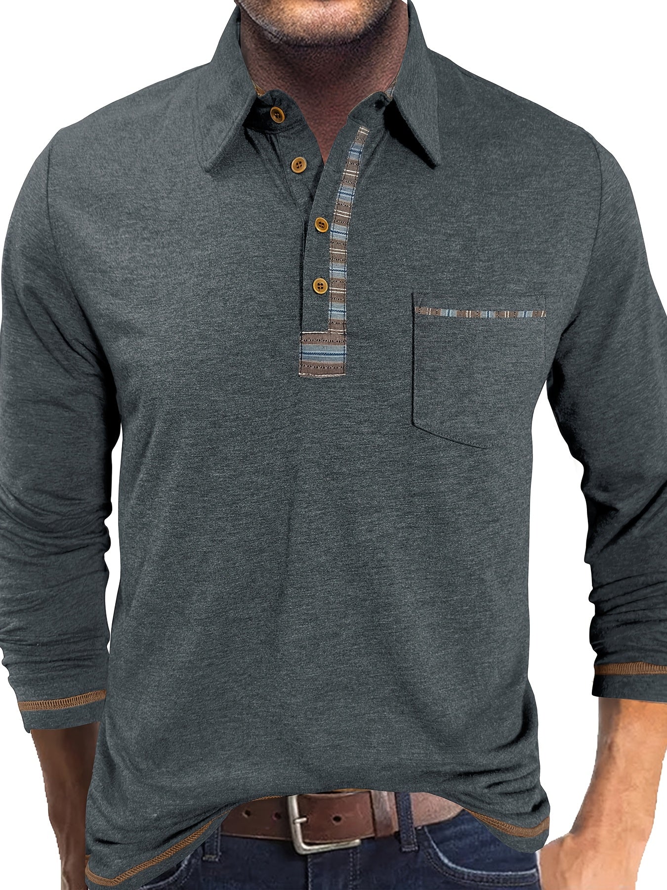 Plus Size Men's Retro Casual Shirt - Long Sleeve Button-Up with Color Block Detailing, Machine Washable Spring/Fall Top for Casual Attire, PLUS SIZE