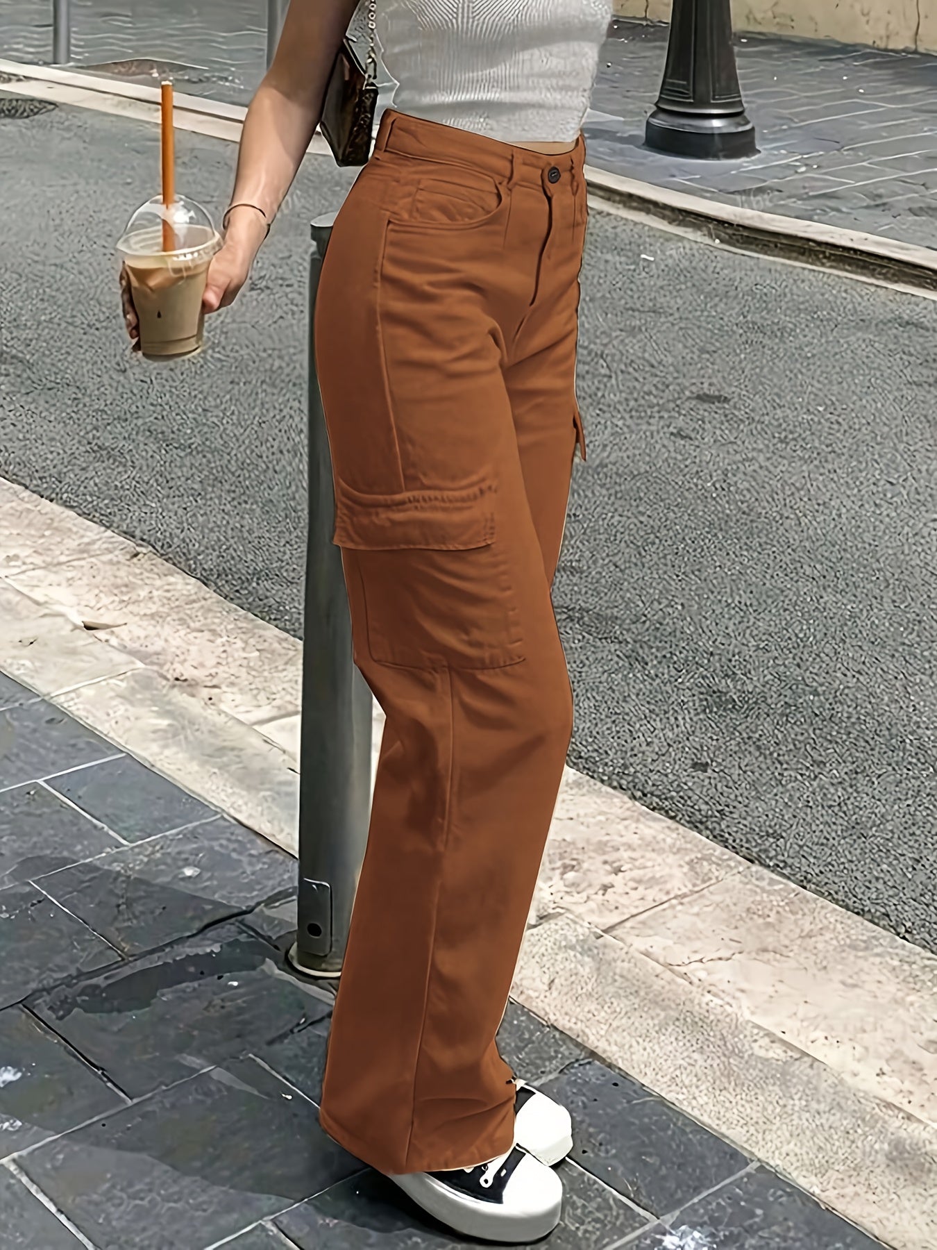 Pantalon Cargo Femme Taille Haute – Jambe Large avec Boutons, Tous Saisons