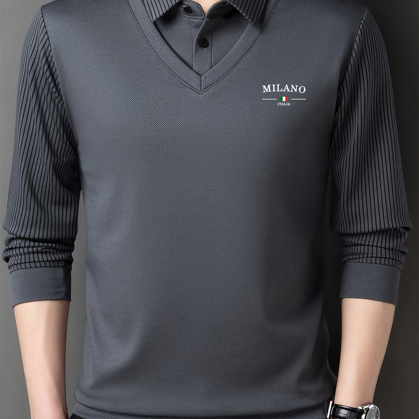 Men's All-Season Long Sleeve Shirt - Dark Green with White Contrast Collar &, Italian-Inspired Logo (Milano Italy Flag), Button-Front Placket, Casual to Smart-Casual Wear, Versatile for, Office & Everyday - Regular Fit