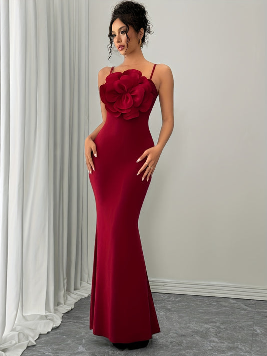 Ladies' Fashionable Temperament Red Bodycon Dress with Large Floral Design | Crew Neck, Solid Color, Suitable for All Seasons.