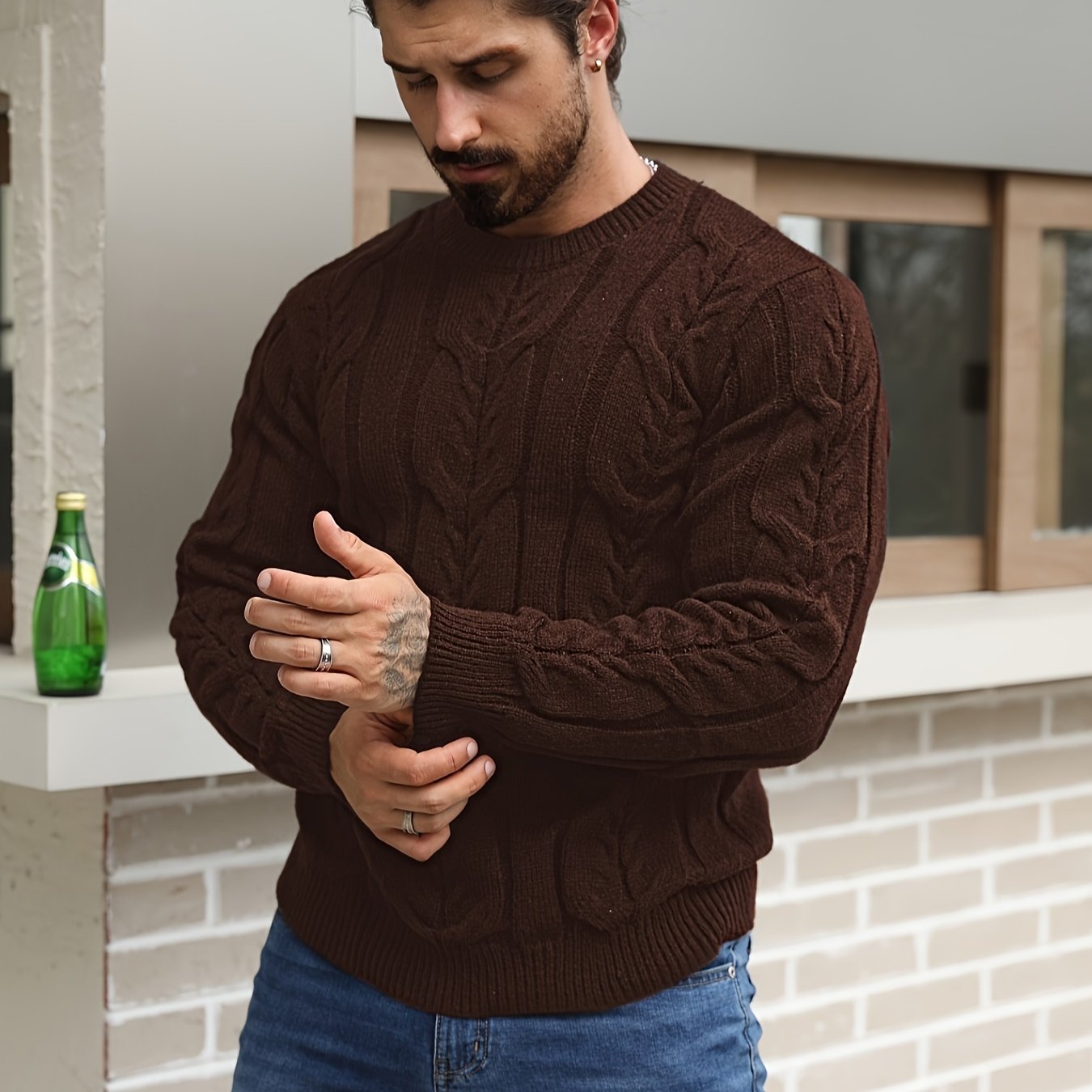 Men's Casual Striped Pullover Sweater - Soft Stretch Knit Crewneck Long Sleeve, Machine Washable H-Fit Ribbed Trim for Autumn Winter, Medium Elasticity Fabric