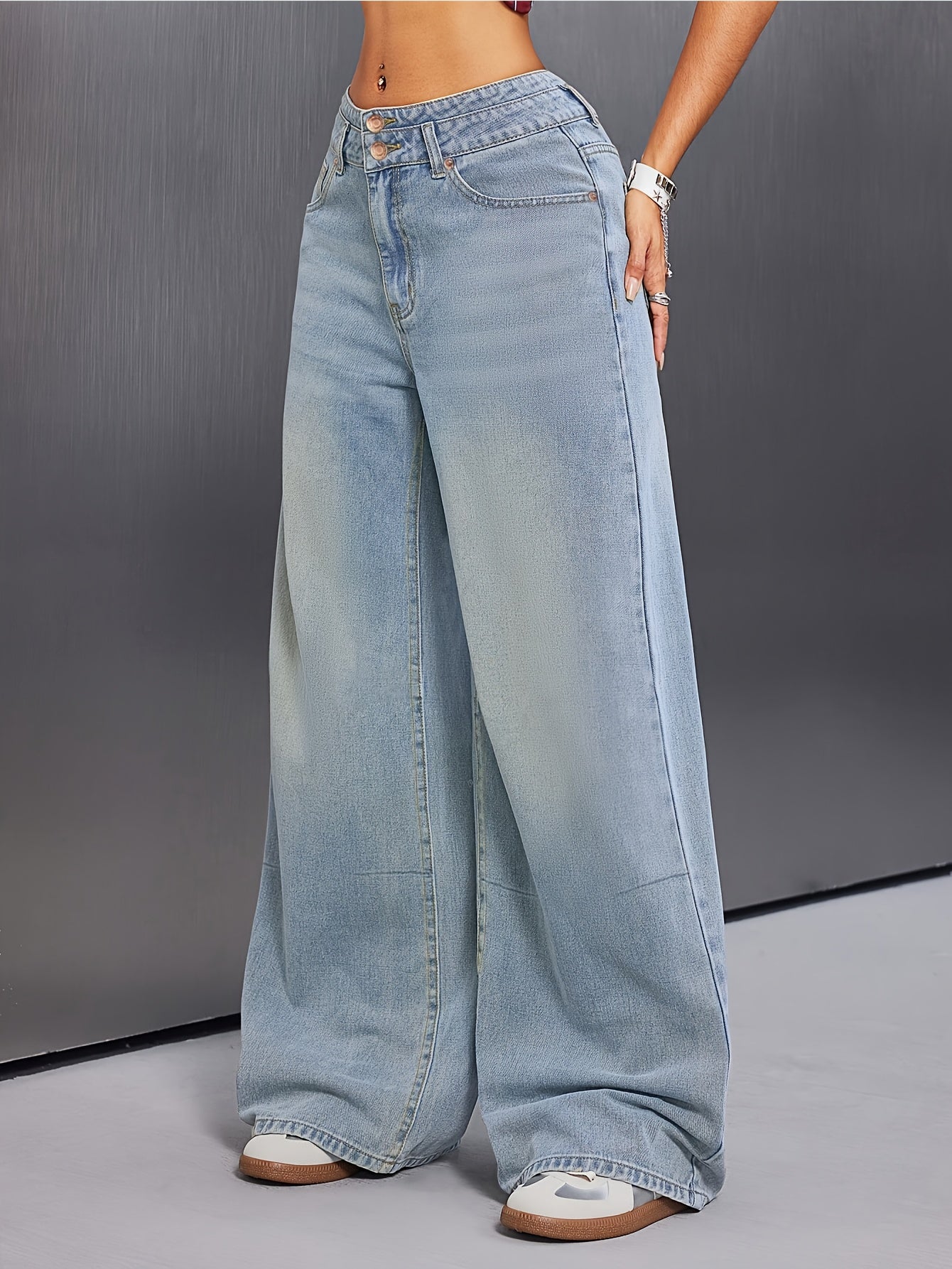 Jeans femmes– coupe décontractée, taille élastique, patchwork à double bouton, style baggy, tailles plus, bleu délavé et kaki