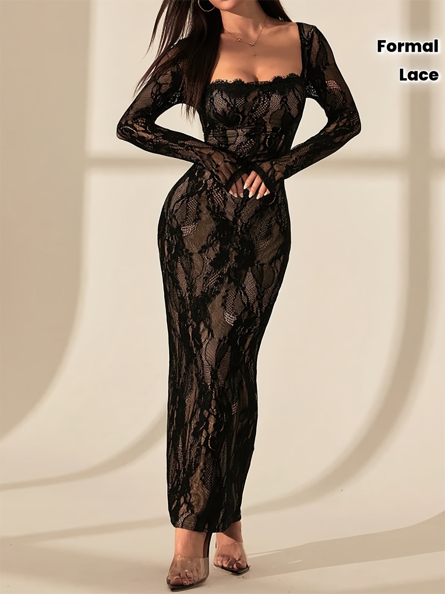 Women's Elegant Square-Neck Bodycon Lace Dress - Long Formal Party Wedding Guest Gown, Machine Washable - Long Dress with Full-Length Coverage, Non- Solid Color Elegant Partywear