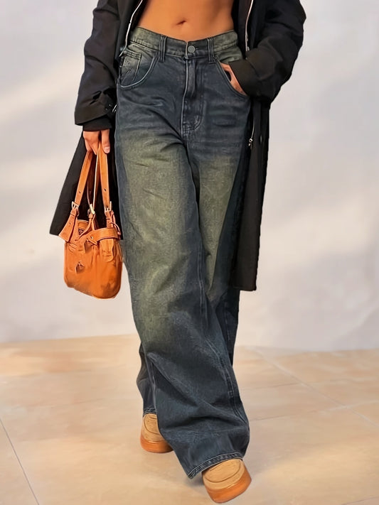 Jeans Femme Style Street Jambe Droite Couleur Unie Rétro Décontracté Longue Toute Saison Non Extensible