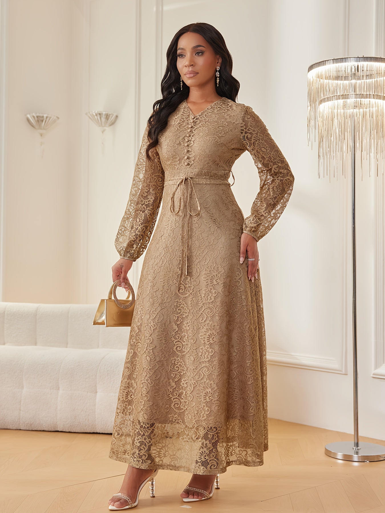 Robe Femme Printemps/Automne – Élégante et Tendance, Pour Bureau ou Fête, Dentelle Florale, Couleur Unie, Semi-Transparente avec Ceinture et Doublure, Col V, Faux Boutons avec Fermeture Éclair, Manches Longues, Jupe Évasée Maxi