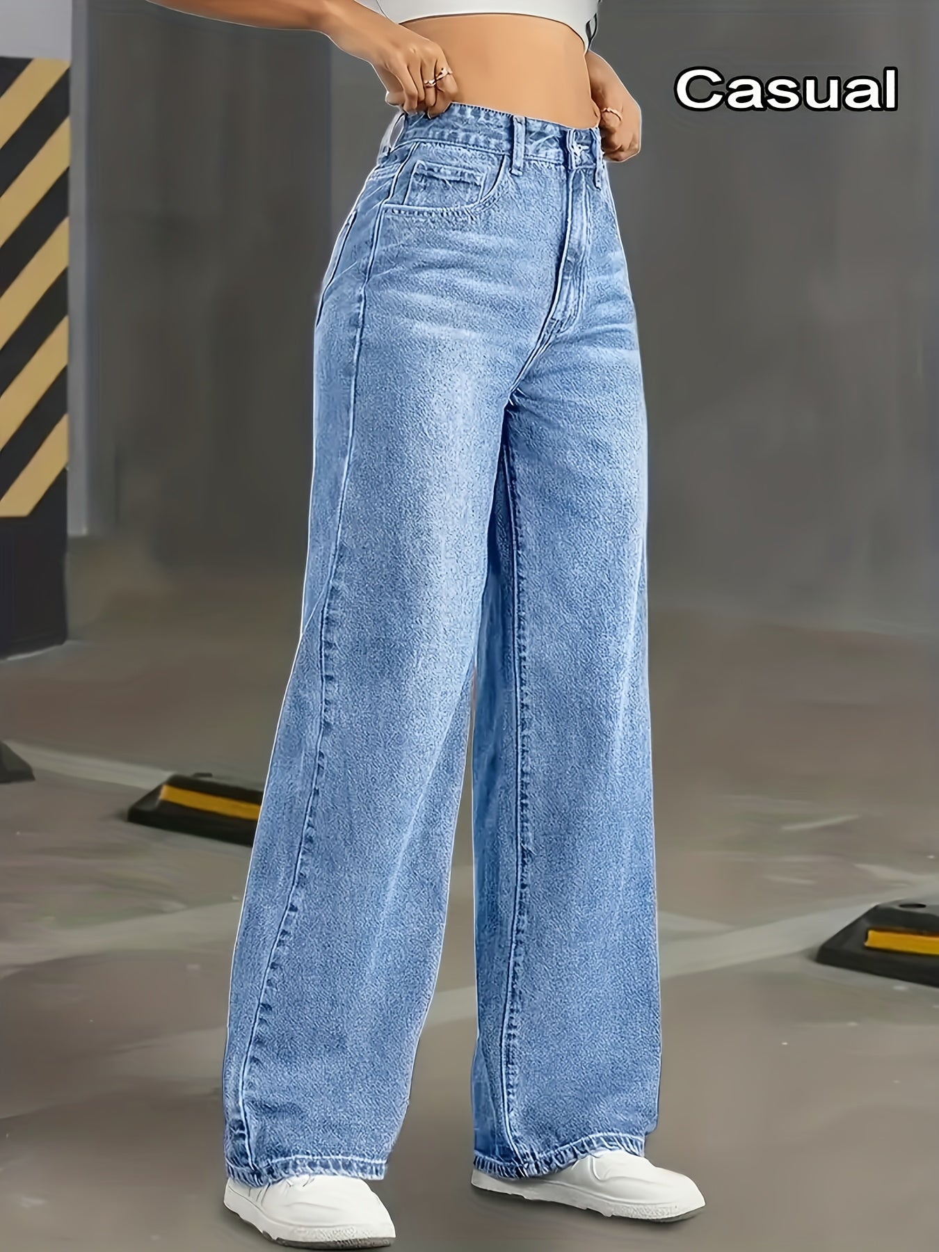 Jean Femme Taille Haute Évasé et Extensible - Pantalon Droit Bleu Délavé avec Ceinture et Poches, Effet Gainant, Idéal pour Toutes Saisons, Travail, Bureau ou Voyage - Jean Casual et Chic