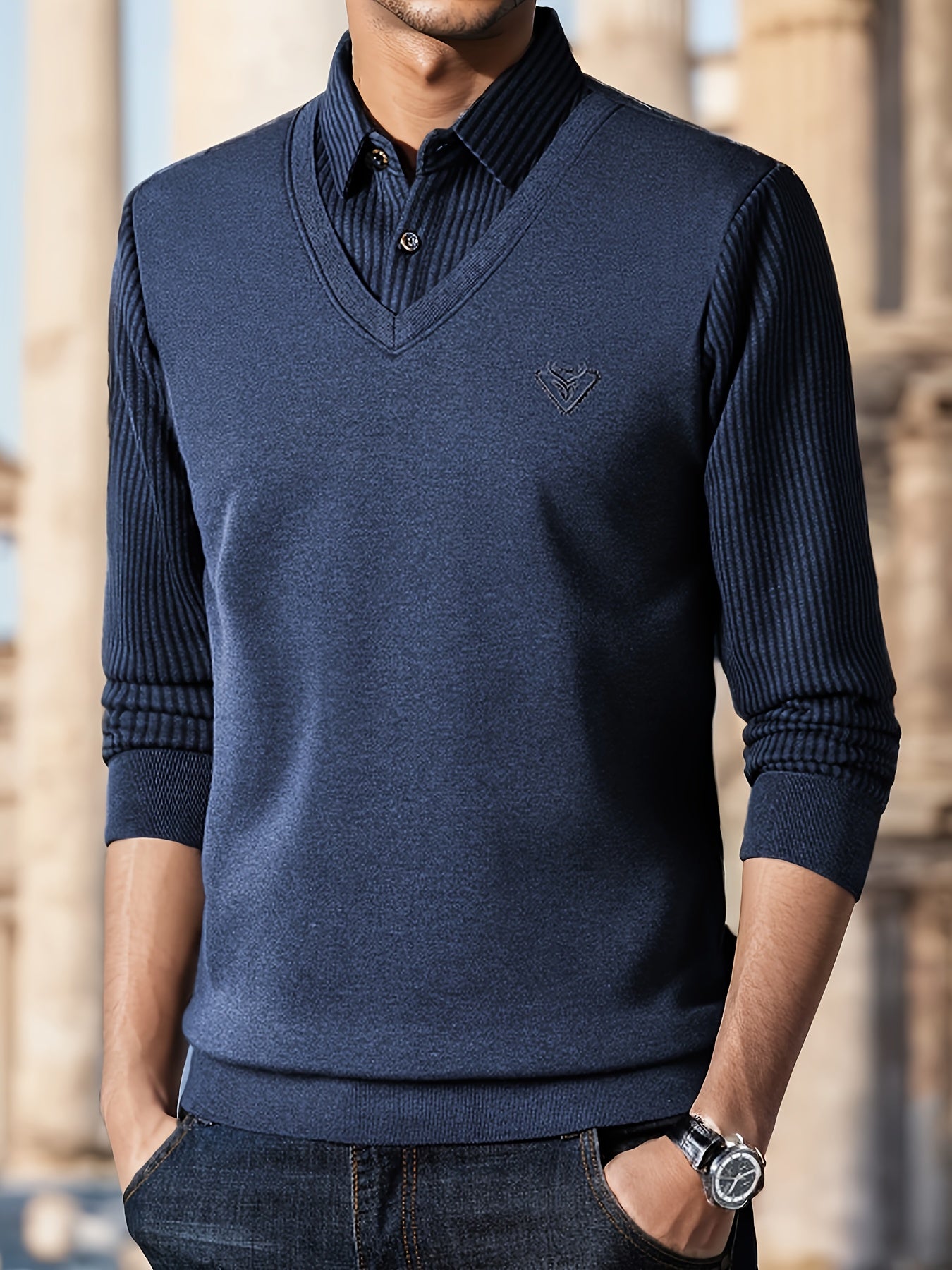 Men's Casual Knit Polyester Sweater - Long Sleeve Layered-Look Lapel Collar with Striped Pattern and Embroidered Detail - Perfect for Sports, Travel, and Office Wear - Spring/Fall Lightweight Stretch Pullover