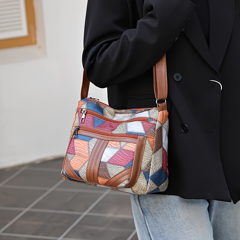 Sac femme – Sac bandoulière casual, design patchwork, style simple et tendance, fermeture éclair aléatoire