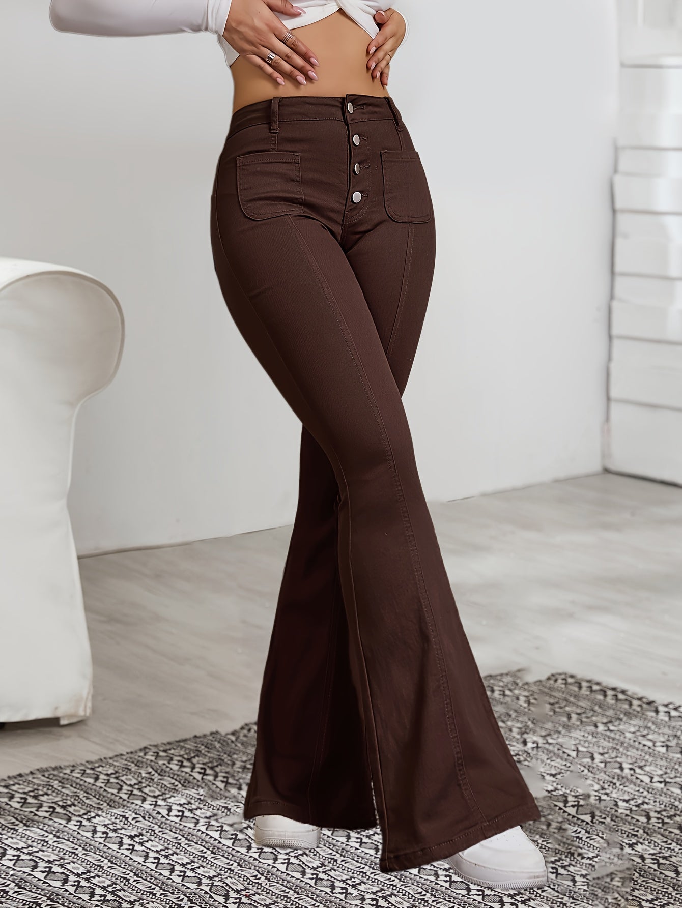 Jeans Femme Taille Haute – Évasé Café, Décontracté, Extensible, Boutons, Tous Saisons, Effet Usé