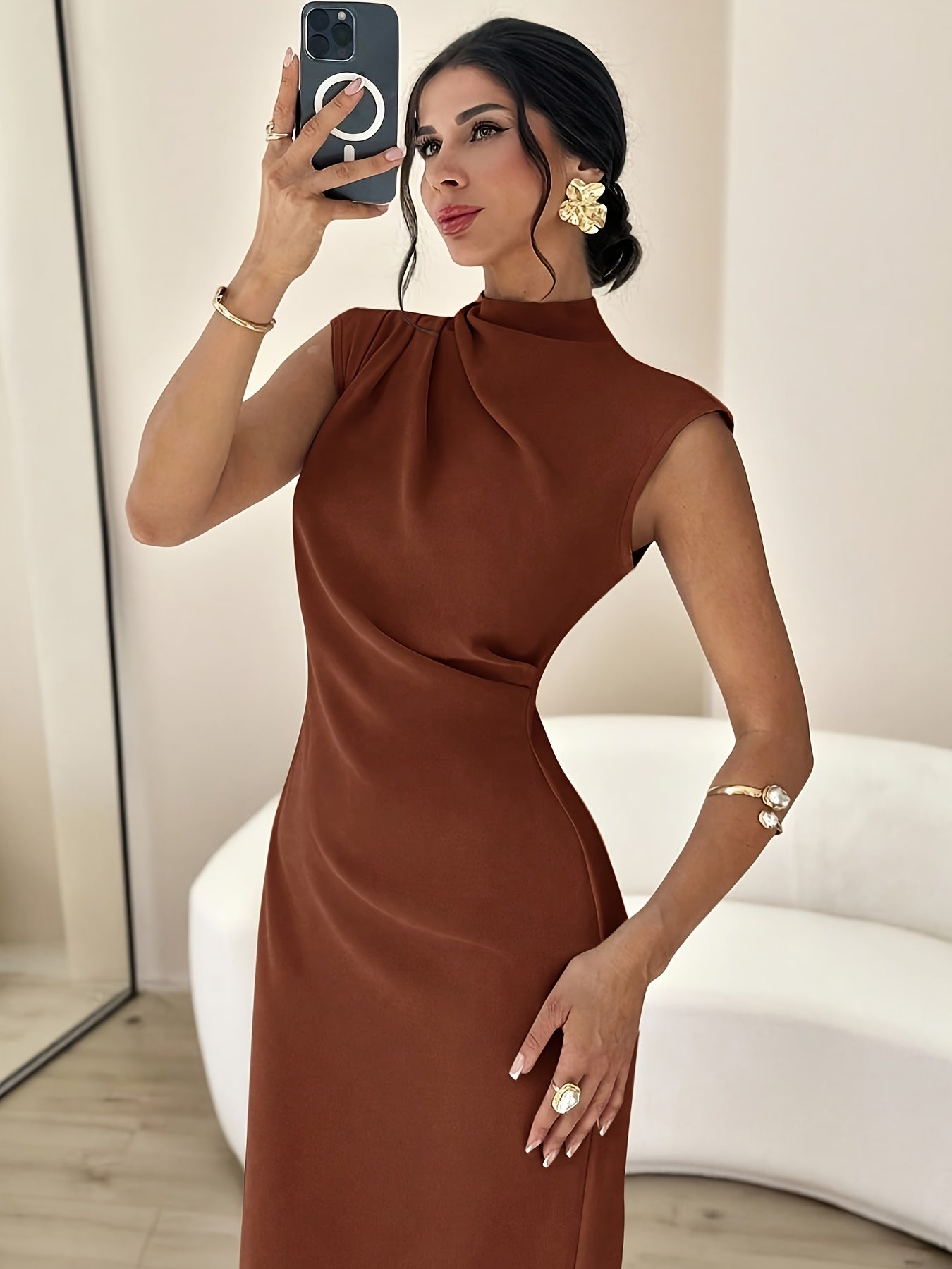 Robe Femme Élégante Bleu Marine A-Line — Manches Courtes et Col Montant, Ourlet Plissé Anti-Plis, Taille Cintrée avec Fente Courte, Lavable en Machine, Parfaite pour Mariages, Soirées